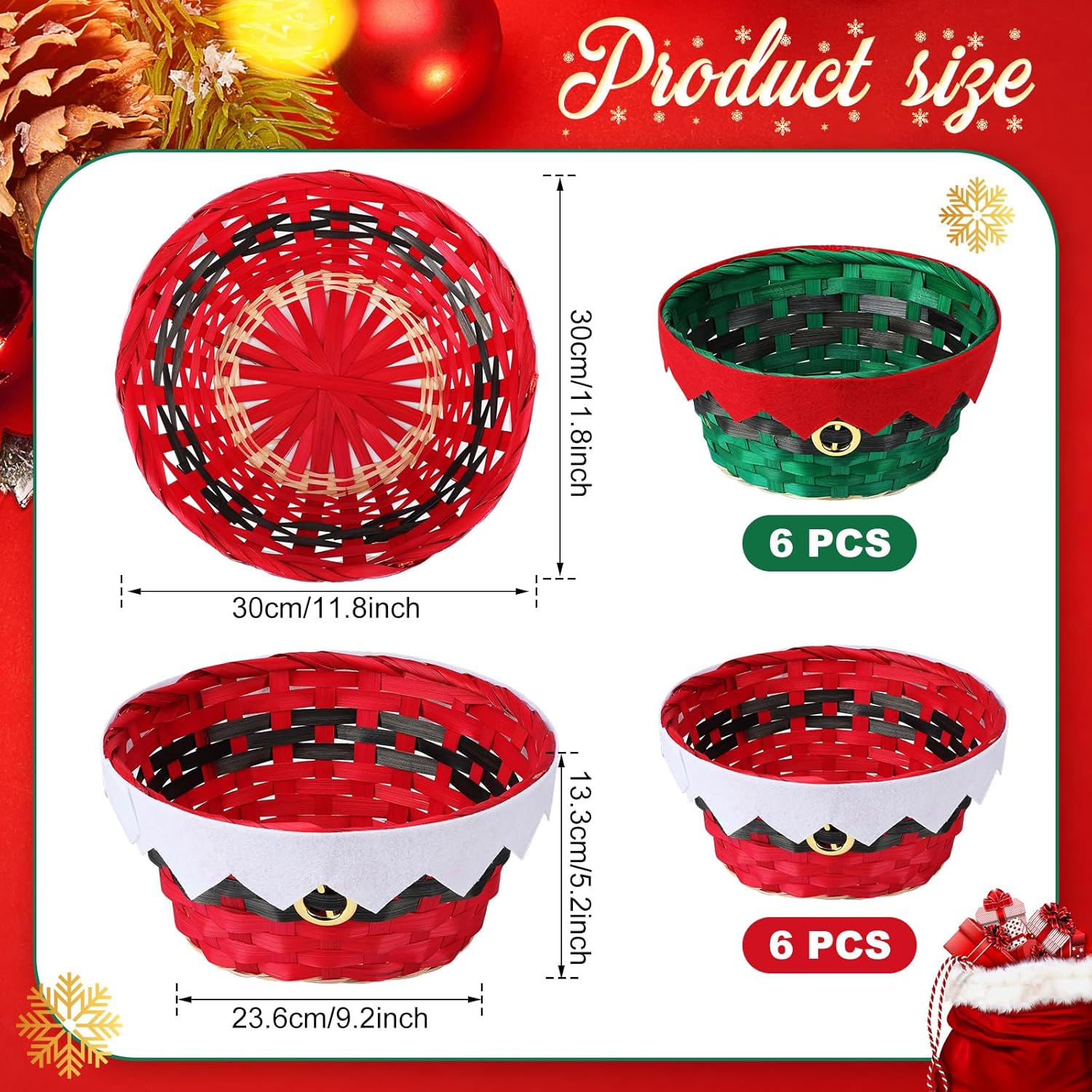 Roowest Cestas redondas de bambú de regalo de Navidad, cestas tejidas para regalos, cestas de personajes de vacaciones, cestas de regalo decorativas