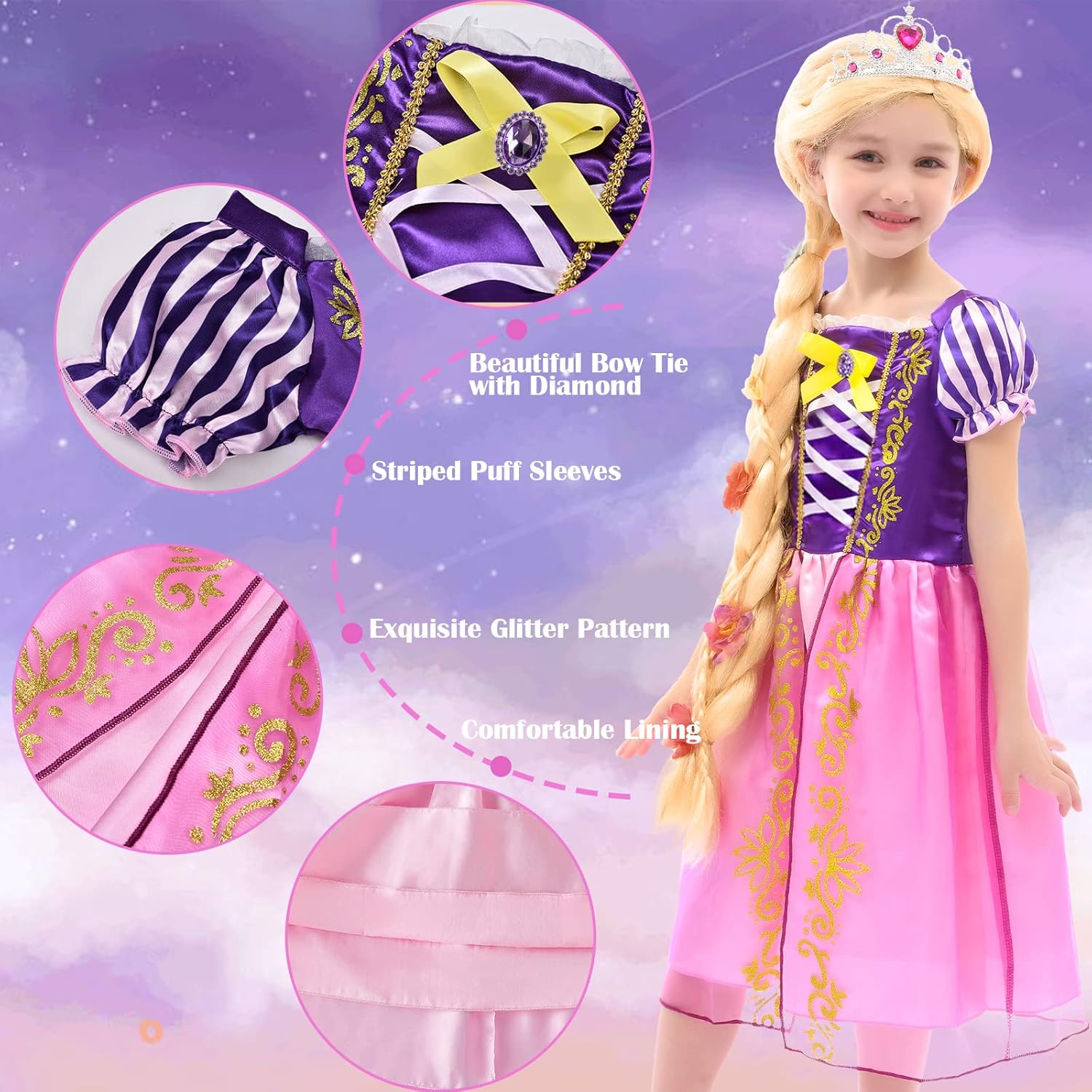 Tacobear Rapunzel – Vestido de princesa para niñas, disfraz de princesa con peluca, corona y alfiler de mariposa, disfraz de Halloween, cumpleaños,