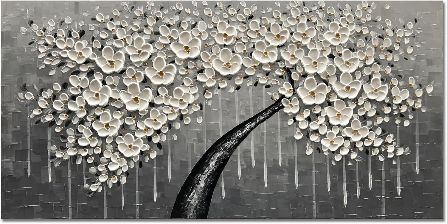 zoinart 100% pintado a mano abstracto moderno lienzo de flores pinturas de pared de 20 x 40 pulgadas, pintura al óleo floral blanca en 3D sobre
