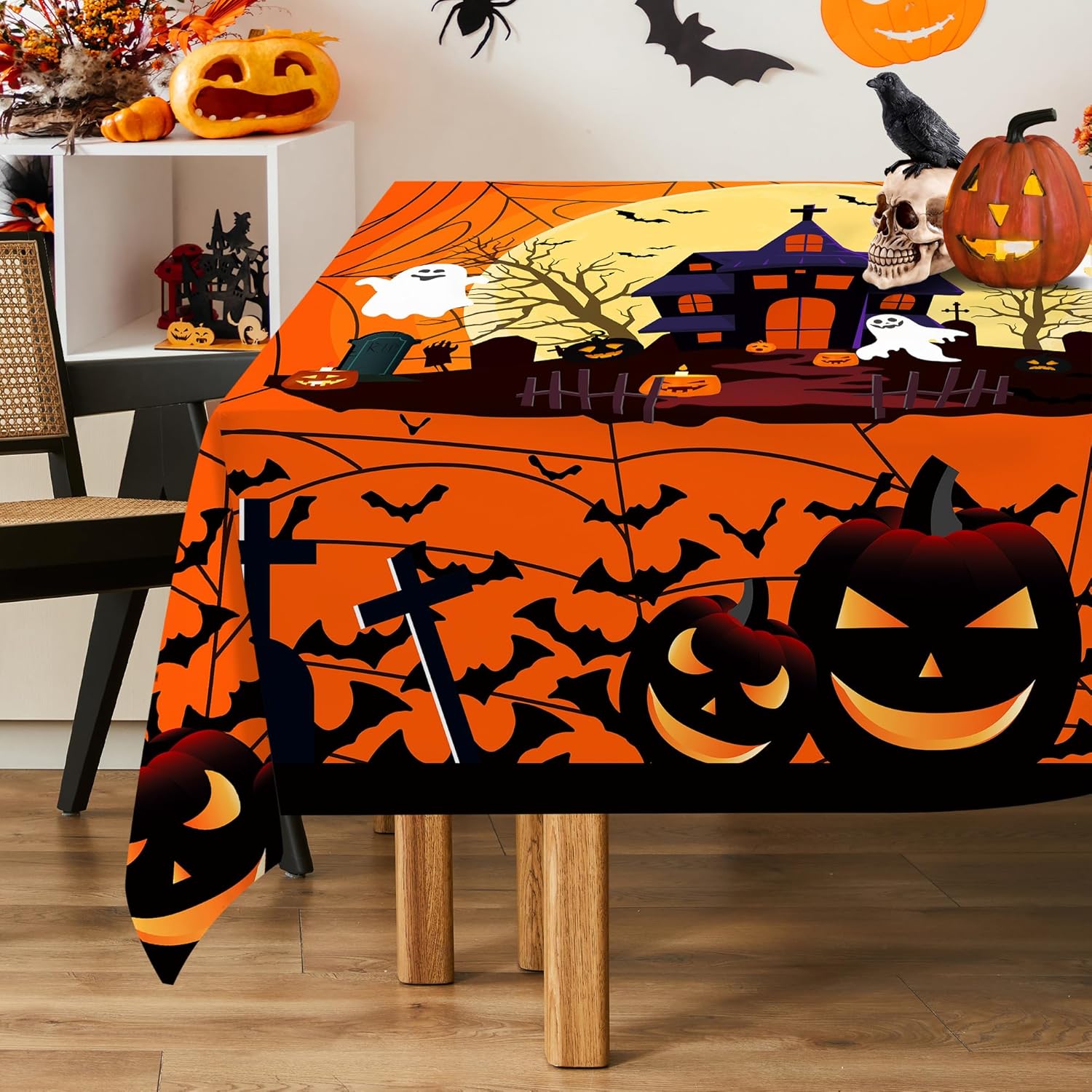 Mantel rectangular de Halloween de 60 x 84 pulgadas, decoración de mesa de Halloween, tela de araña fácil de limpiar, mantel rectangular de
