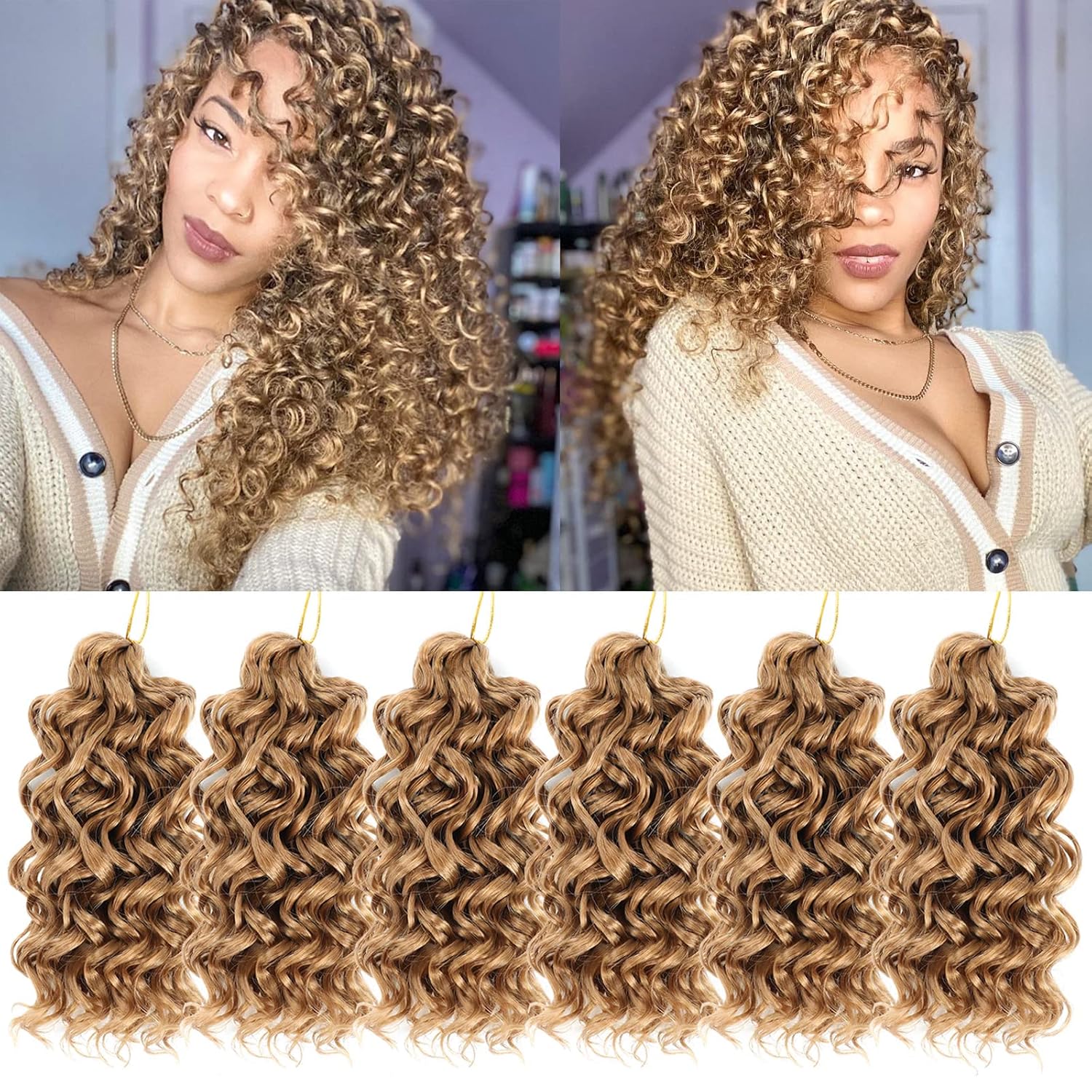 Gogo – Cabello rizado de ganchillo de 8 pulgadas, 6 paquetes, pelo corto rizado de ganchillo para playa, rizos de agua, cabello rizado con trenzas