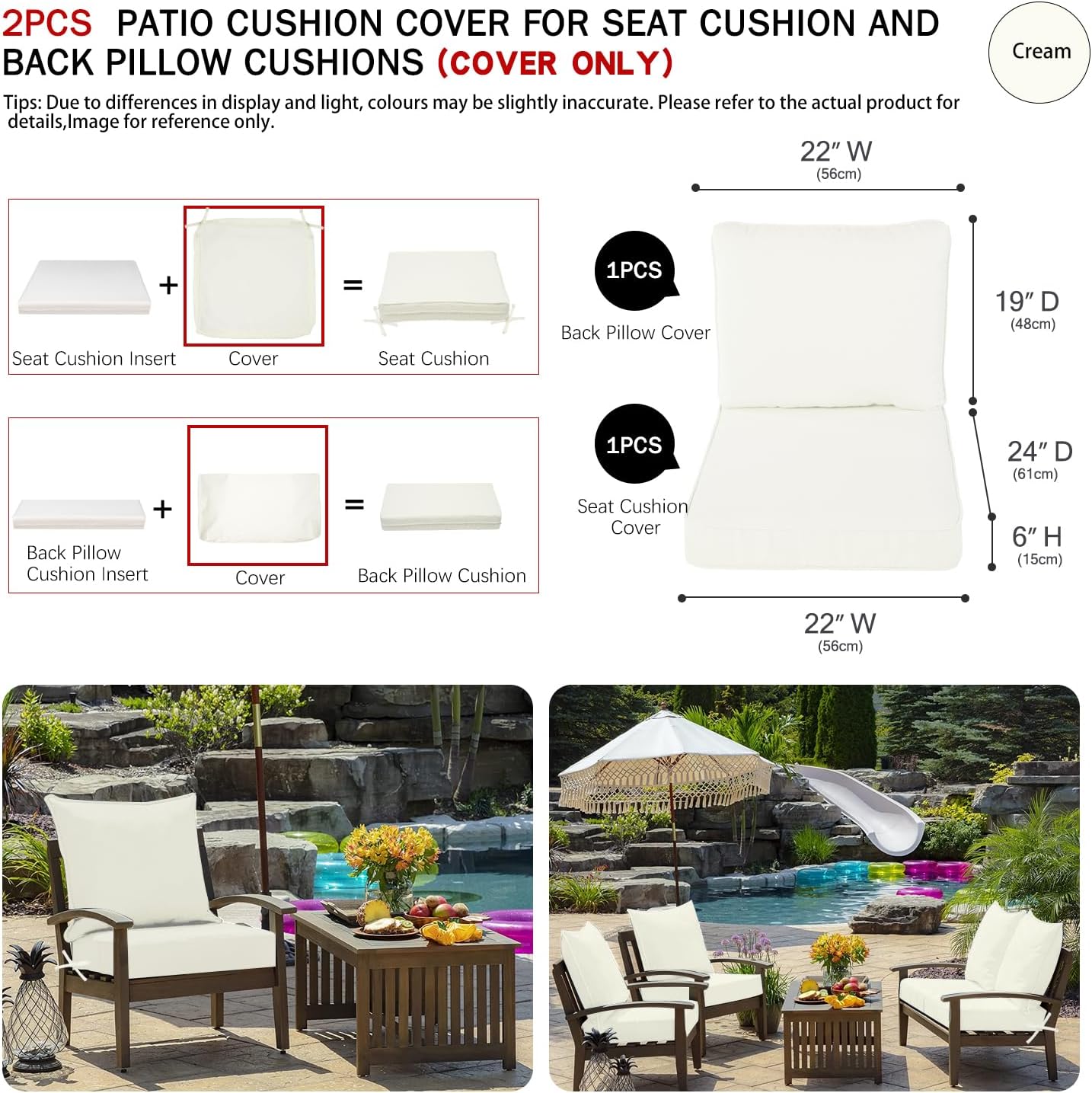 Juego de 2 fundas de repuesto para cojines de asiento de patio al aire libre y respaldo para sofá seccional, sofá biplaza y muebles, a prueba de