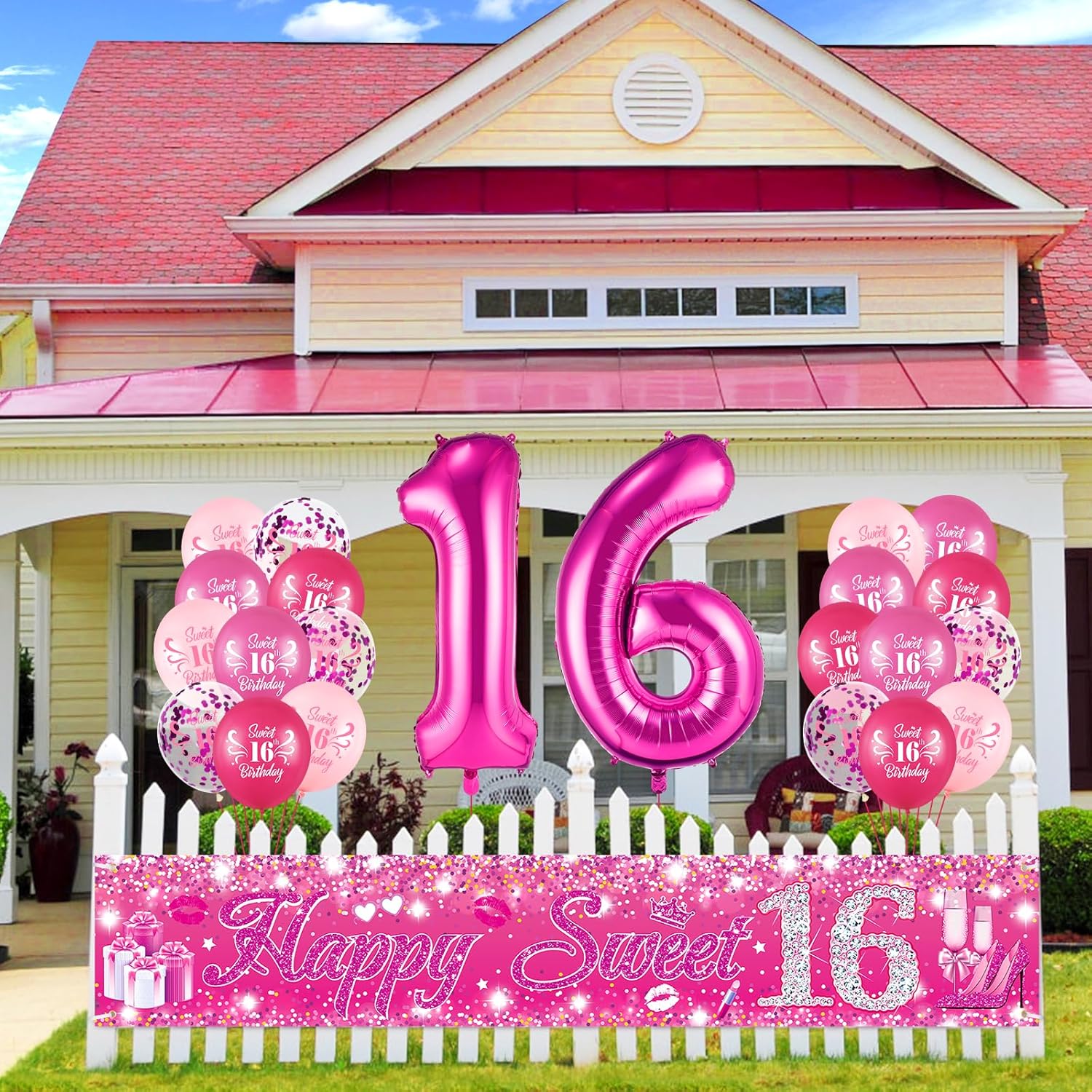 Decoraciones de cumpleaños con el número 16 para niñas, pancarta rosa con el número 16, 20 globos de cumpleaños de 16 pulgadas, globos de 40
