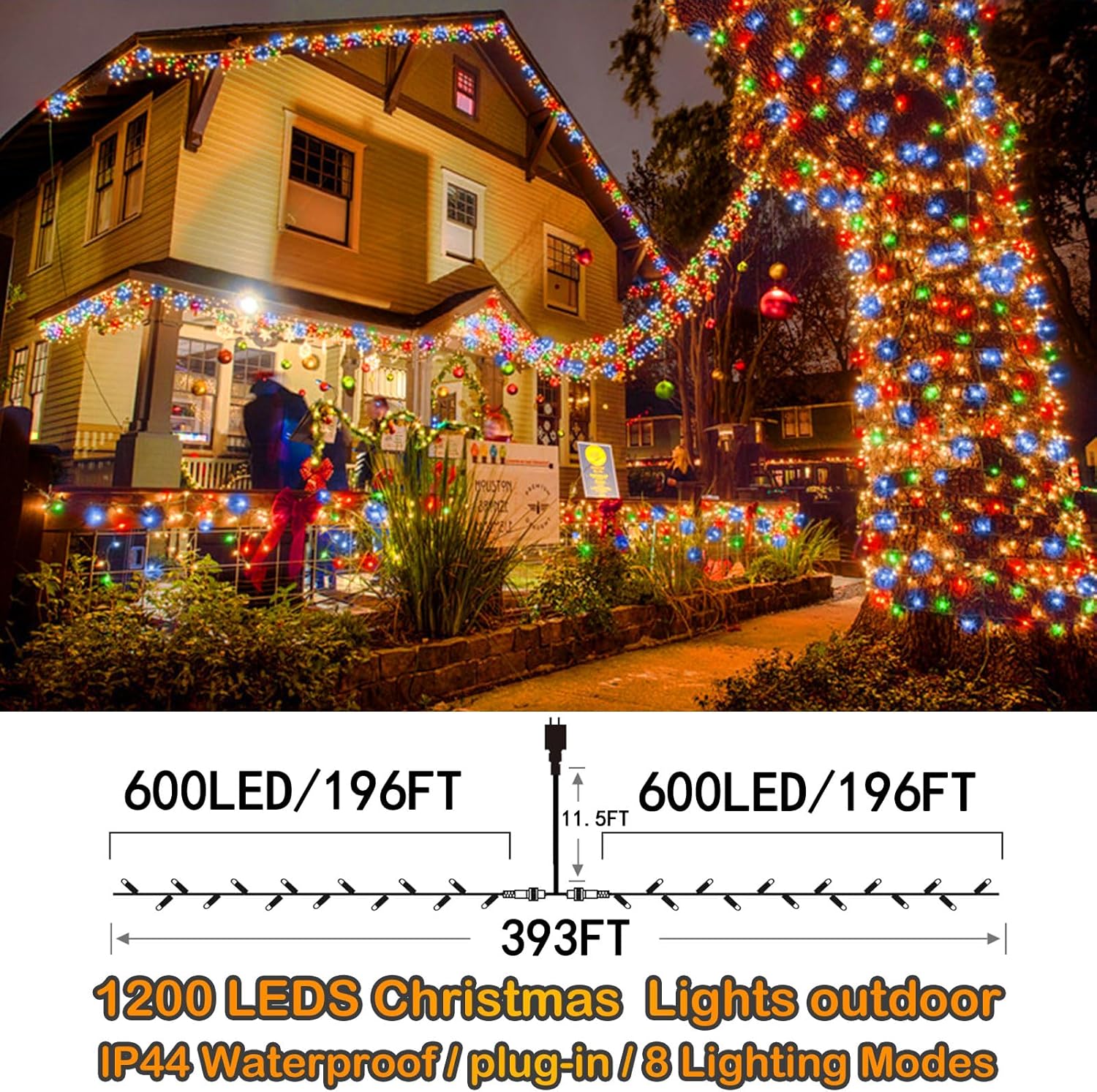 Luces de Navidad para exteriores de 393 pies, 1200 luces LED de Navidad con 8 modos, impermeable, tira de luces LED enchufables, decoraciones de