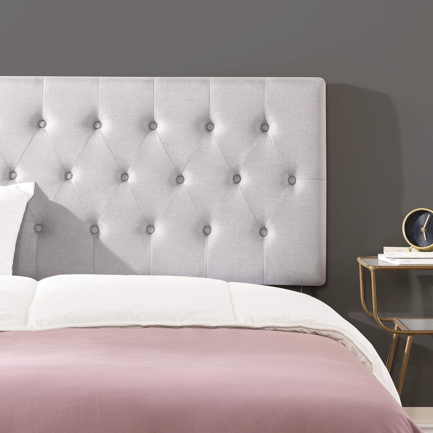 Zinus Trina – Cabecera tapizada y soportes SmartBase, diseño clásico con botones que añade elegancia, se adapta a marcos estándar QueenFull
