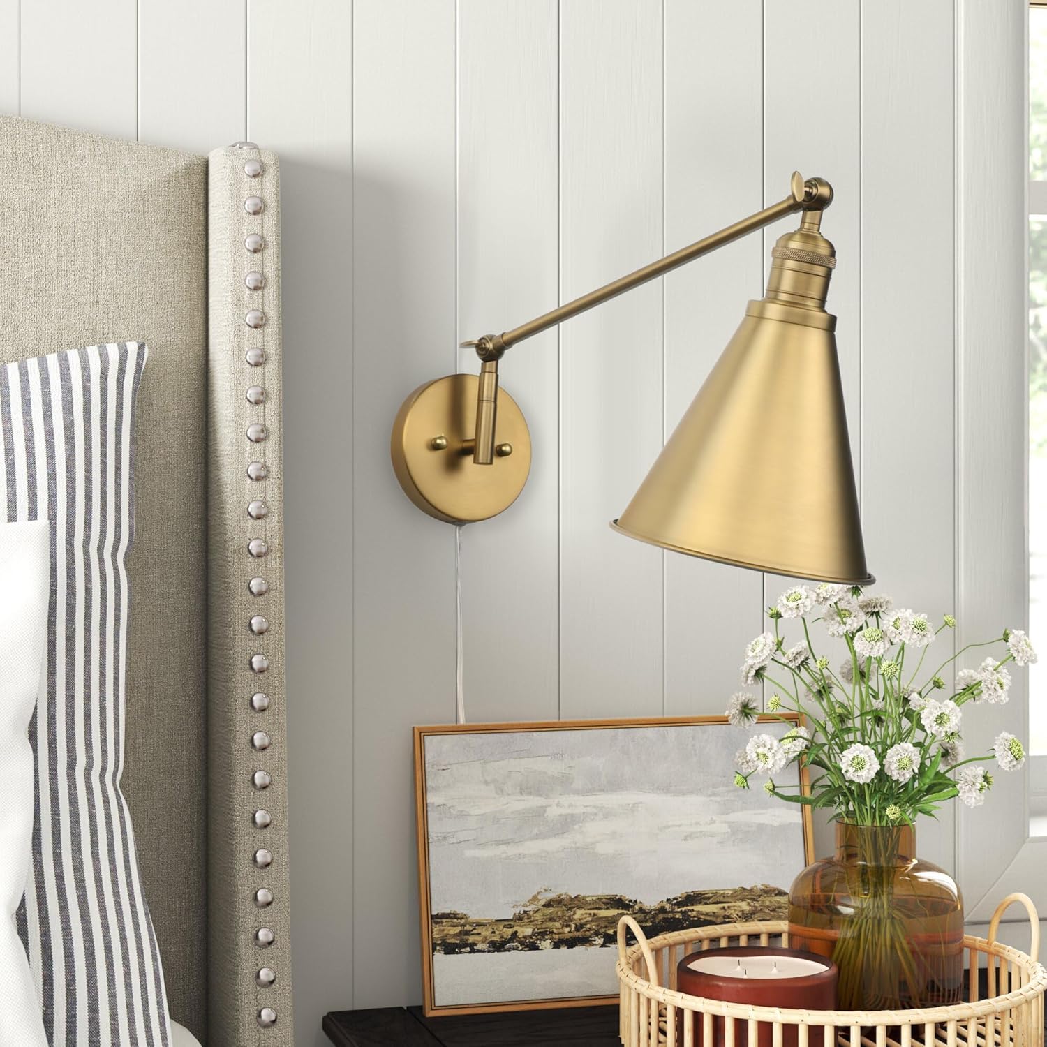 Apliques de pared vintage con brazo oscilante, cable de enchufe de cabeza ajustable con interruptor de encendidoapagado, lámpara de pared