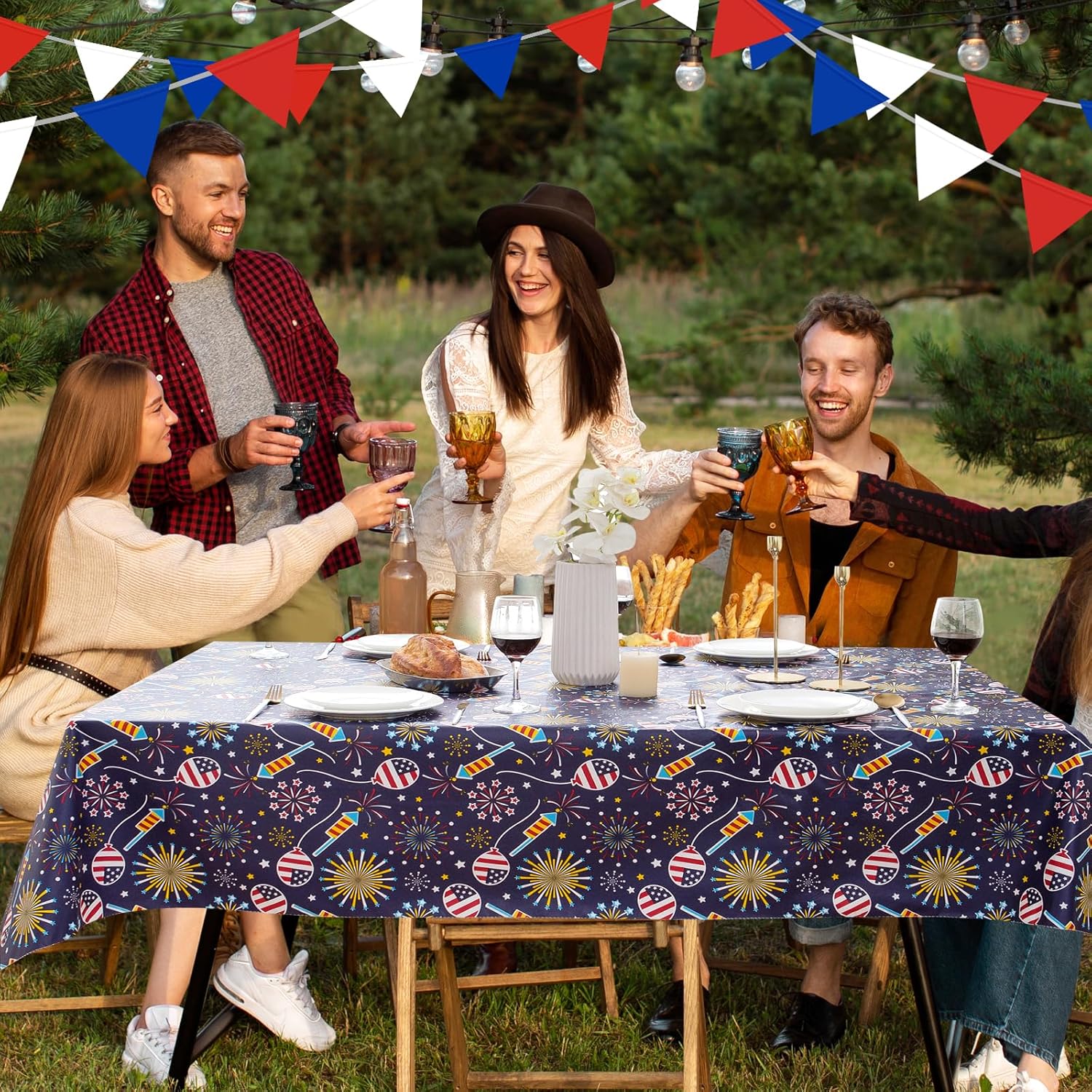 4th of July Table Cloth Vinyl Tablecloth 60×84 Inch Rectangular-Plastic Memorial Day Table Cover Printed with Fireworks and Balloons for Patriotic
