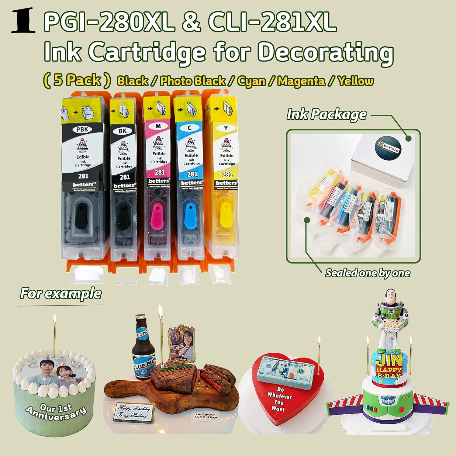 betters Cartucho de tinta para C A K E Topper Imagen PGI-280  CLI-281 para Pixma TS702 TS702a TR8520 TR8620 TR8620a TS6220 TS6320 TR7520 TR7620