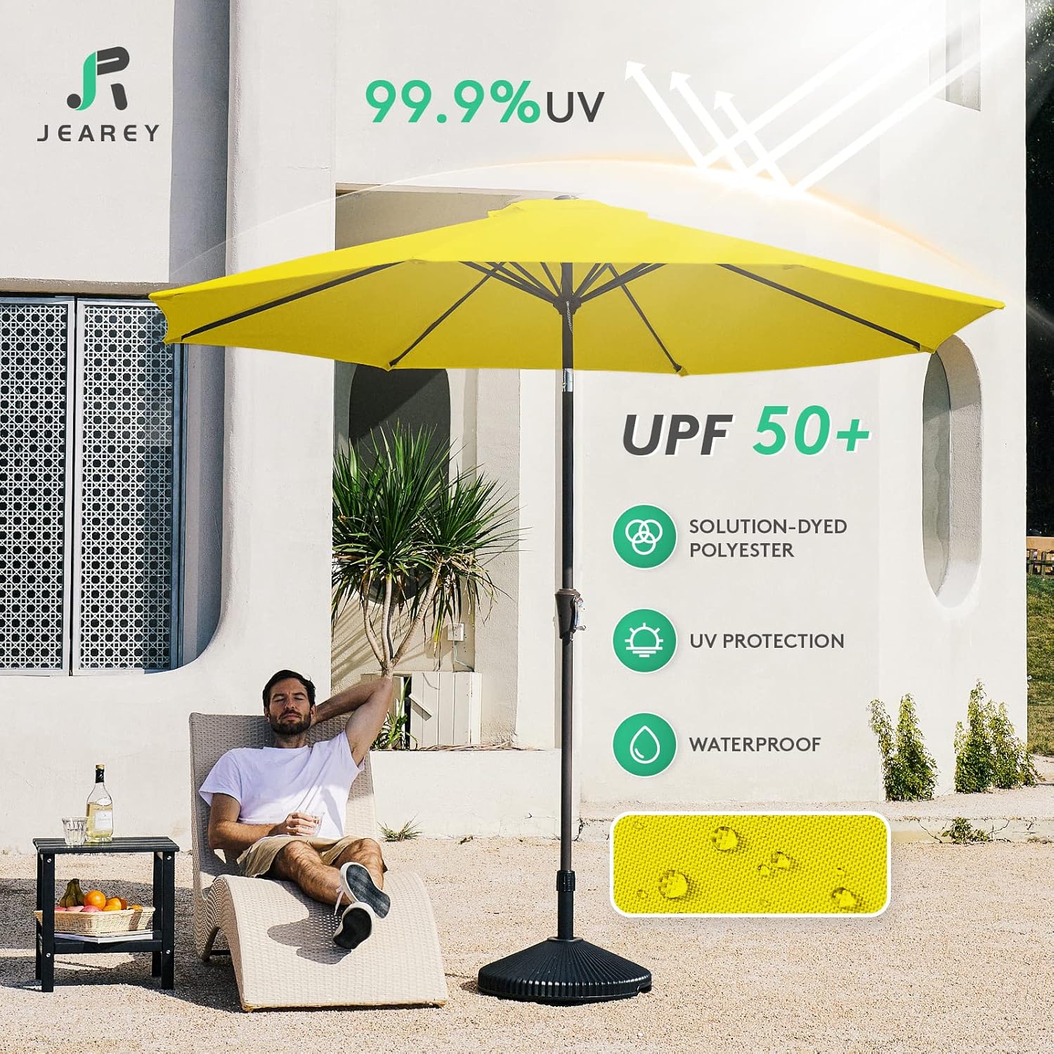 JEAREY Sombrilla de mesa de patio al aire libre de 10 pies con botón de inclinación y manivela, sombrilla de mercado, 8 varillas resistentes,