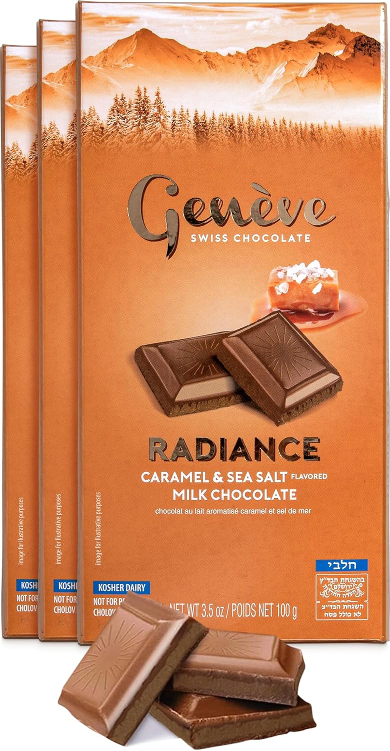 Geneve Radiance, chocolate con leche con caramelo y sal marina, 3.5 onzas (paquete de 3)  Chocolate suizo rico y cremoso  Todo natural  Kosher para