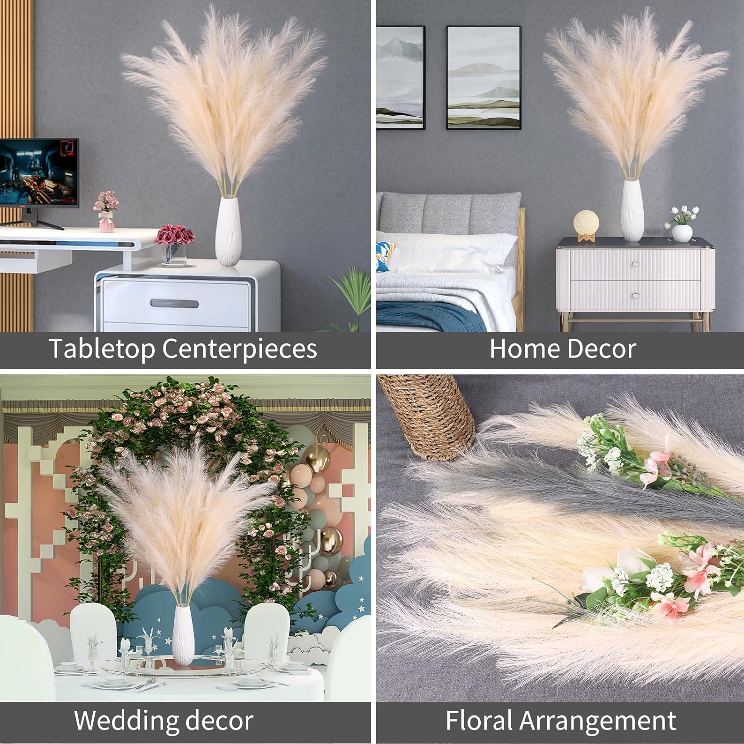 EVODIS Decoración de hierba de las pampas alta, 43 pulgadas43.3 in, 6 tallos grandes, ramas de hierba de pompas, arreglo floral bohemio a granel