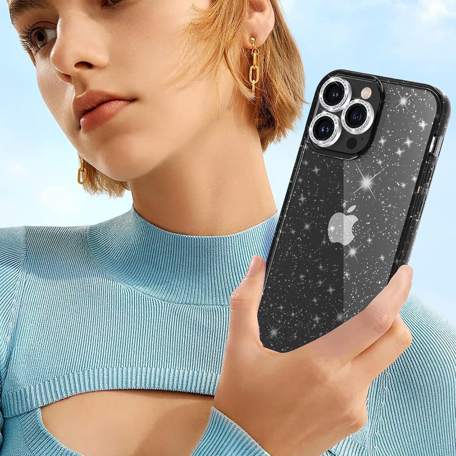 Diseño de funda con purpurina para iPhone 14 Pro con 2 unidades protector de pantalla y paquete de 3 protector de lente de cámara, funda de