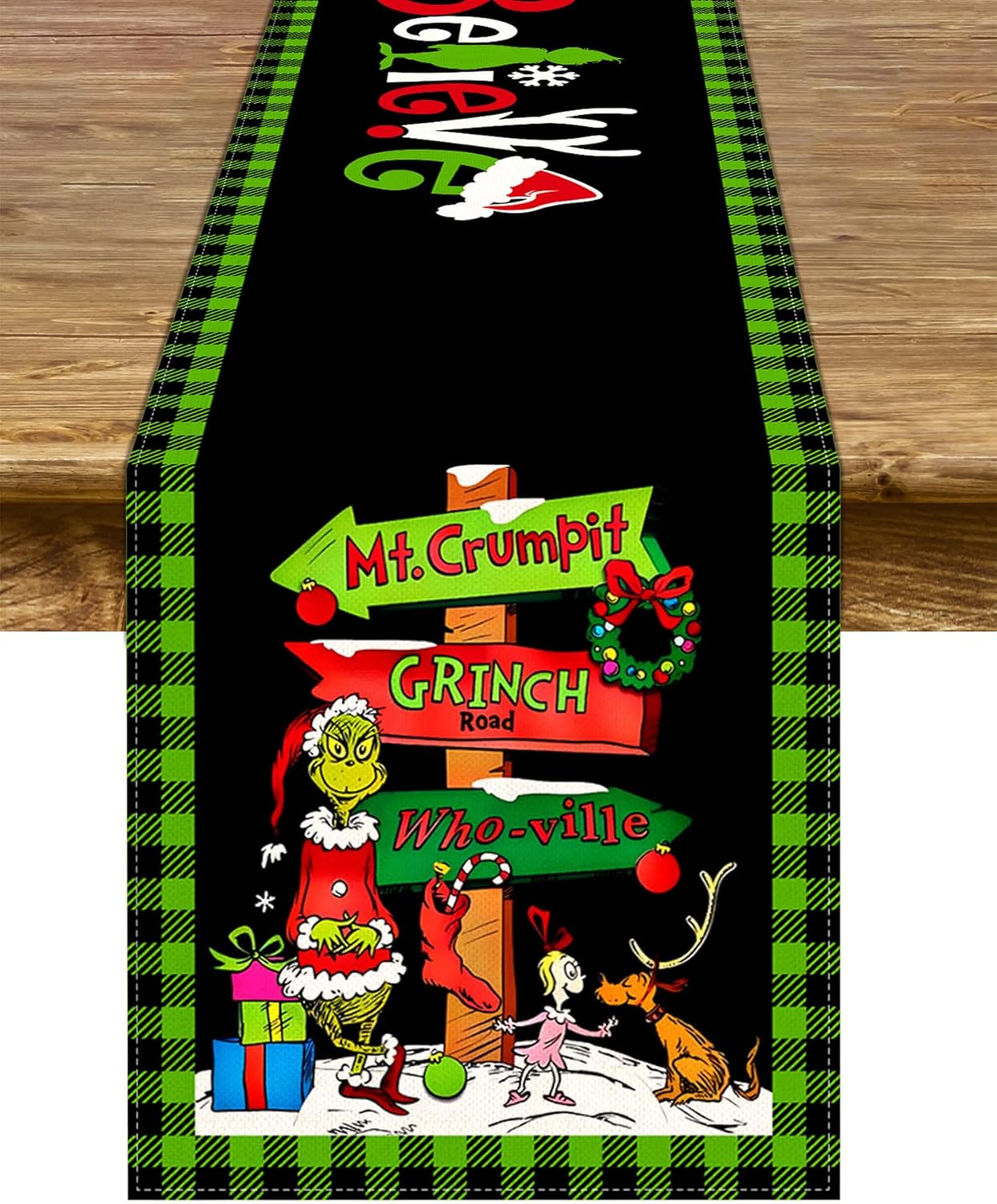 Camino de mesa Grinchmas Feliz Navidad, vacaciones de invierno, fiesta temática, cocina, comedor, decoración del hogar (negro y verde, 13 x 108