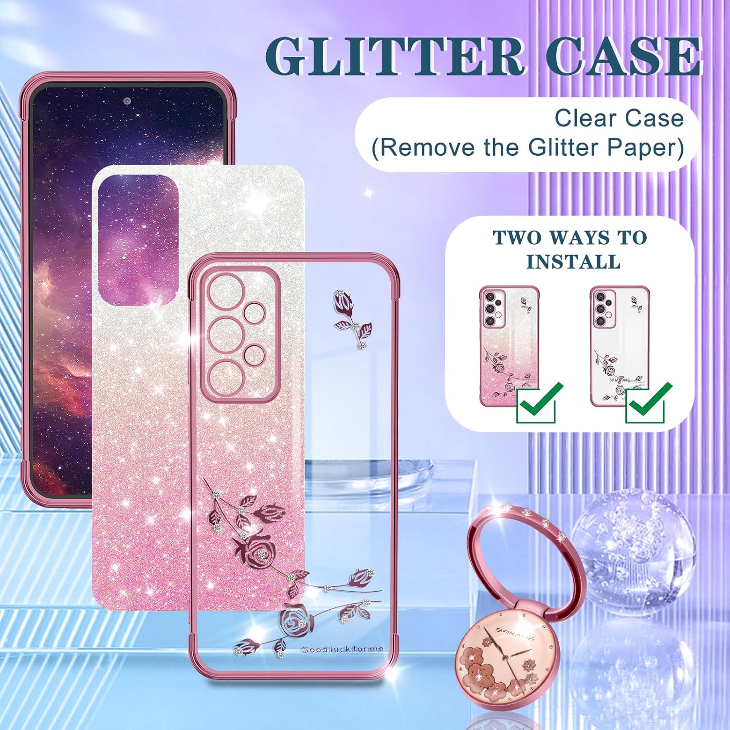 Coralogo Funda 3 en 1 para teléfono Samsung Galaxy A53 5G con purpurina brillante para mujeres y niñas, cubierta brillante con bonito diseño floral