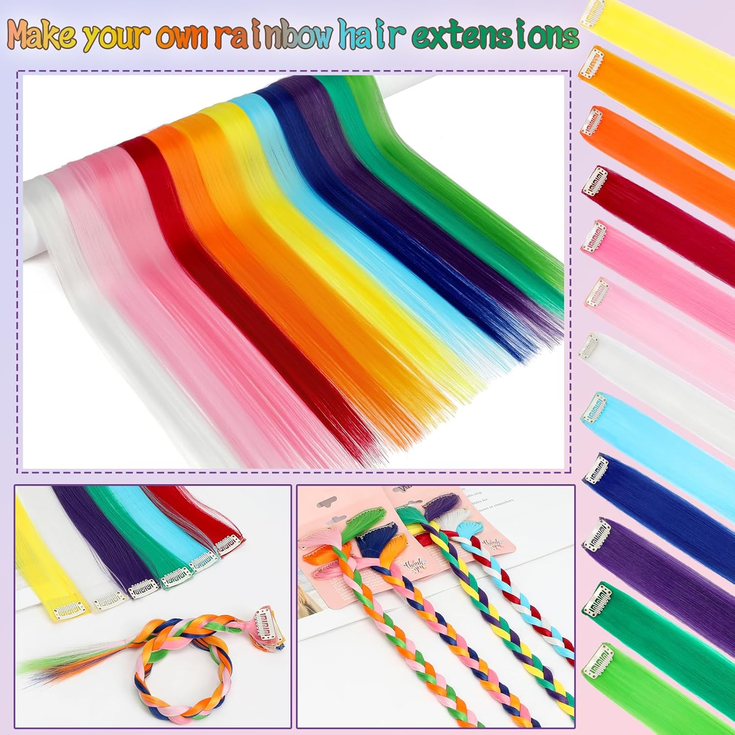 Extensiones de cabello de colores 12 piezas de 24 pulgadas con clip, arco iris, multicolor, para fiesta, largo, lacio, sintético, para mujeres,
