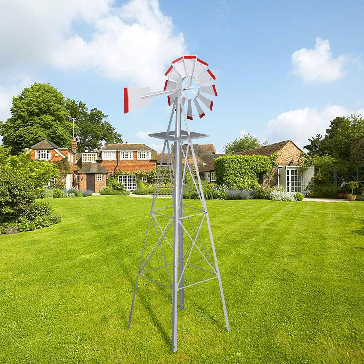 Molino de viento ornamental de 8 pies, decoración de jardín, veleta meteorológica, molino de viento de metal resistente a la intemperie, diseño de 4