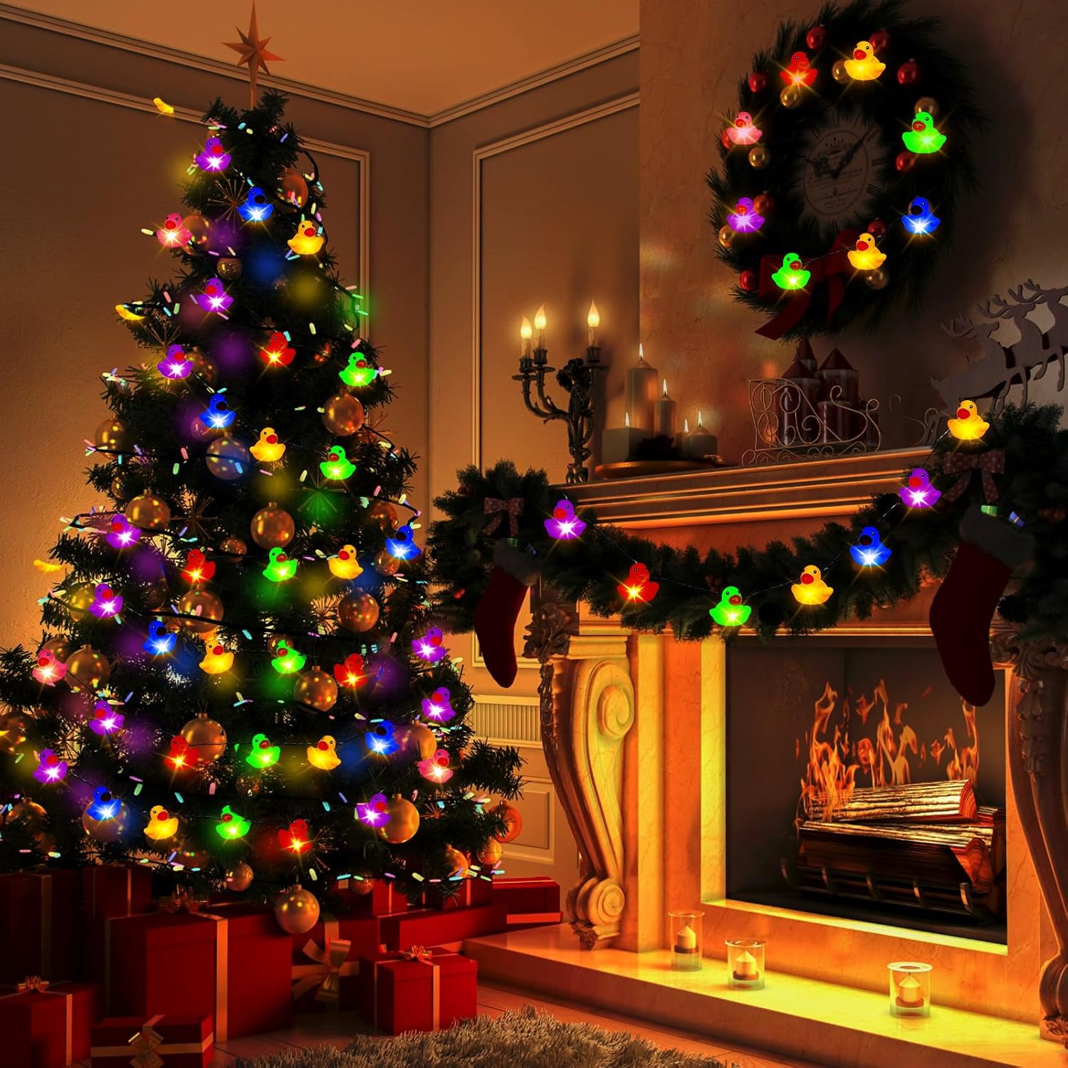 Deekin Guirnalda de luces LED de goma con forma de pato de 100200 luces LED para árbol de Navidad, pato, funciona con pilas, luces decorativas para