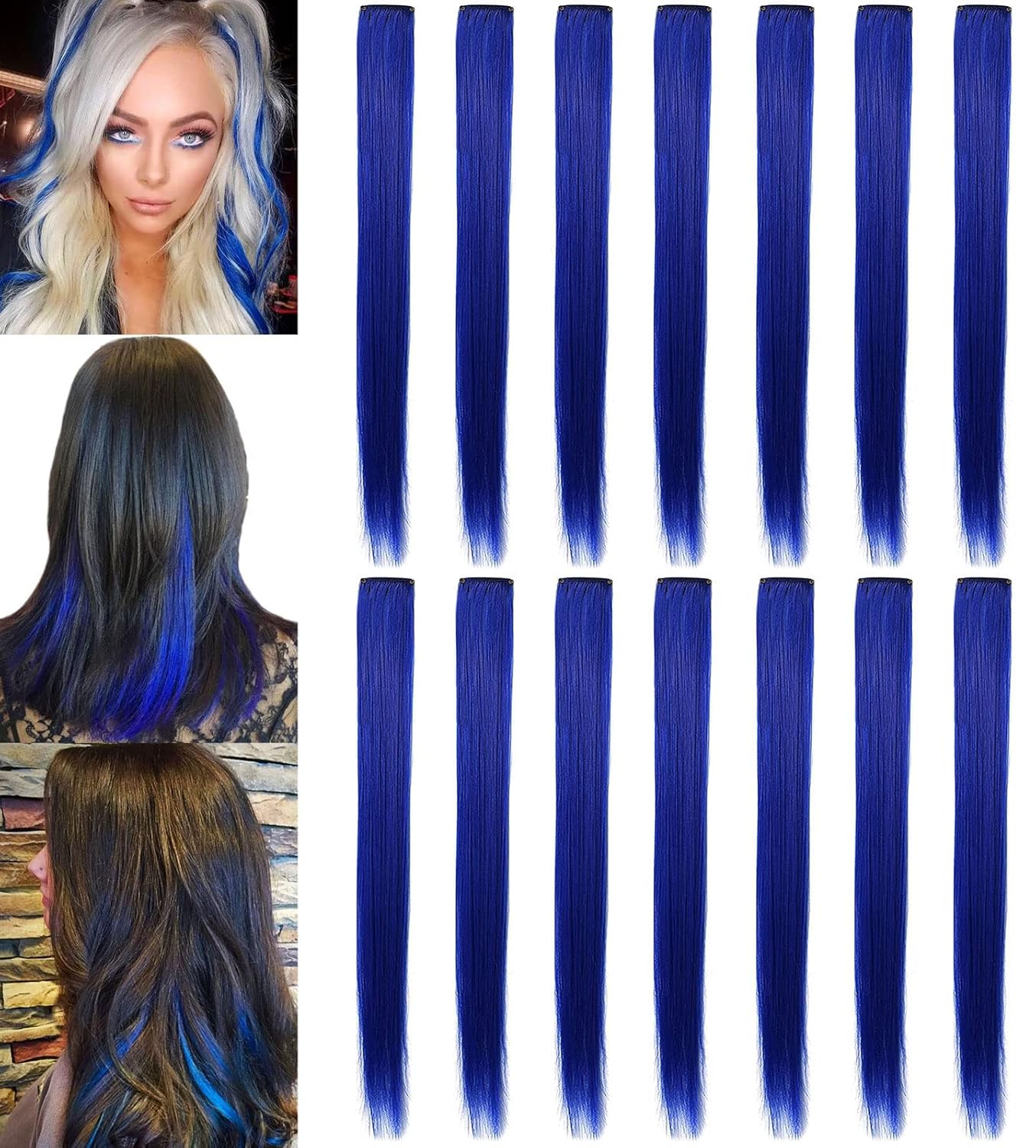 12 extensiones de cabello de colores de 21 pulgadas, peluca de colores con reflejos, lacio, resistente al calor, extensiones sintéticas con clip