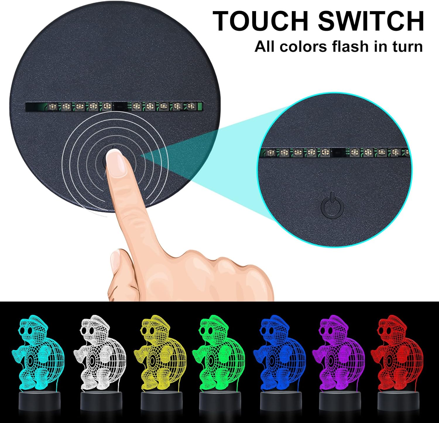 Sombrero para niños, luz nocturna de tortuga para niños, lámpara de noche de ilusión 3D, lámpara de mesa LED USB, luces reguladoras de intensidad
