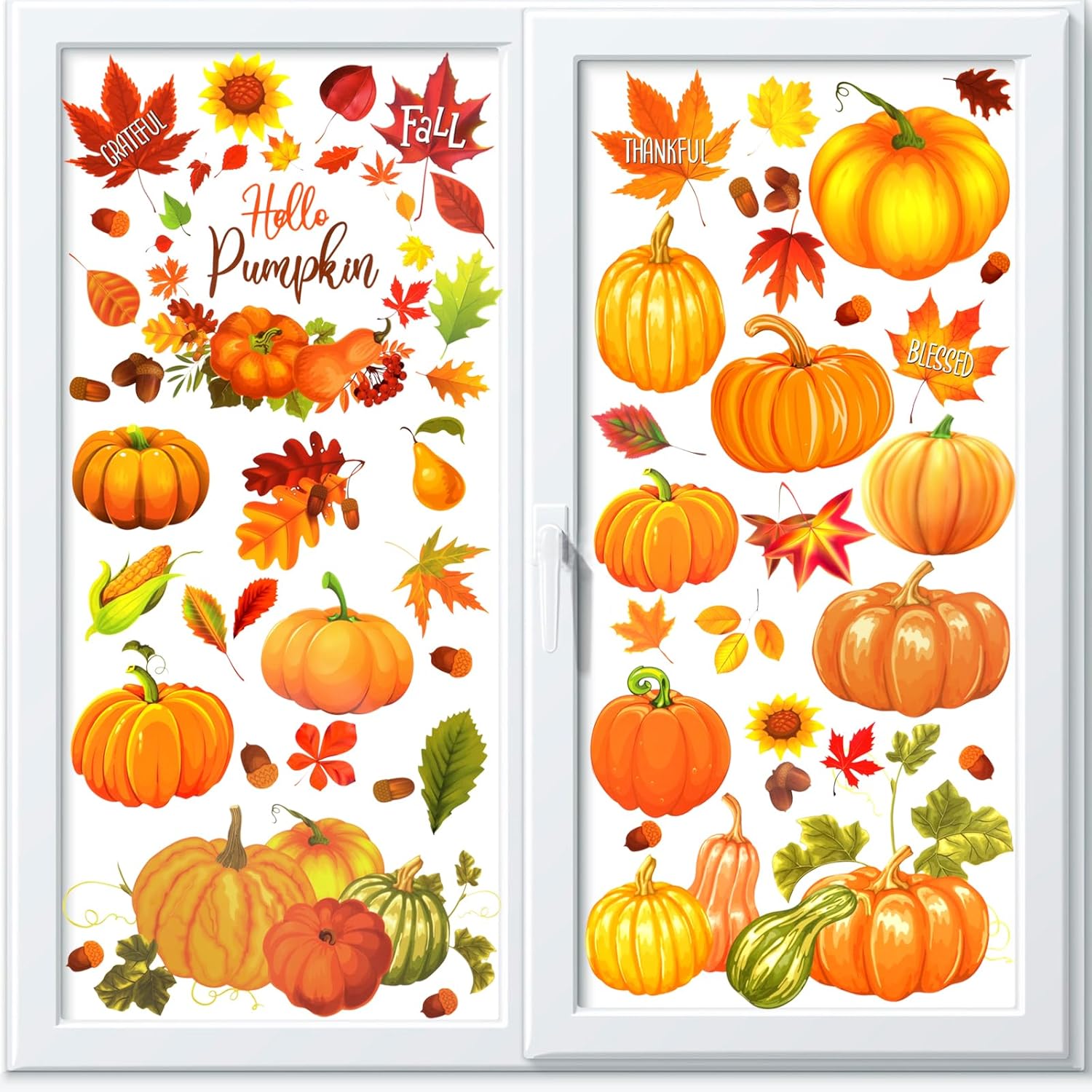 HOWAF Decoraciones de calabaza de Acción de Gracias, 9 hojas de calcomanías de ventana de doble cara de Hello Pumpkin para otoño, cosecha de Acción
