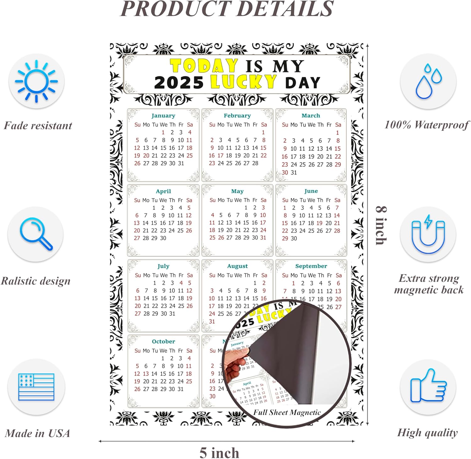 Calendario magnético 2024  Imanes del calendario  Today is my Lucky Day  Resistente a la decoloración, desgarros y agua  Temático 039 (5.25 x 8