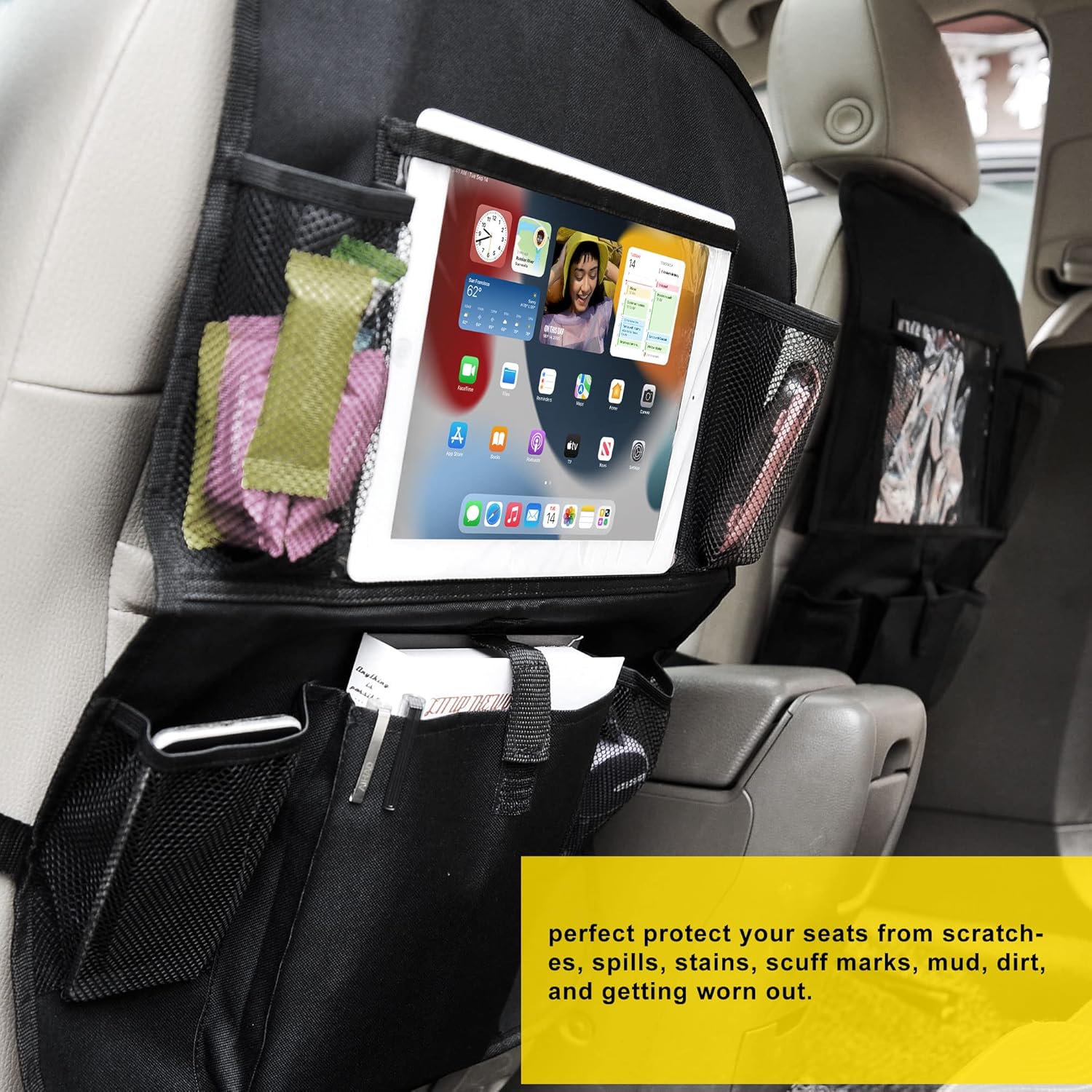 PowerTRC Organizador de asiento trasero de automóvil  Protectores de respaldo de asiento de automóvil con bolsillos de almacenamiento y soporte