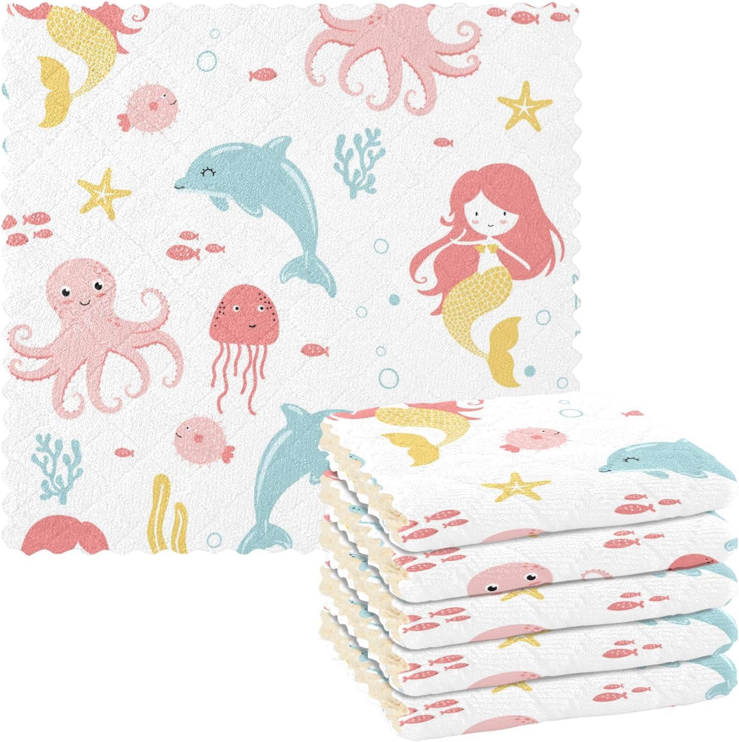 Dolphin Kawaii Mermaid Soft Decorative Microfiber Dish Drying Towel Quick Dry 6 Pack Kitchen Tea Towels for Bathroom Sink