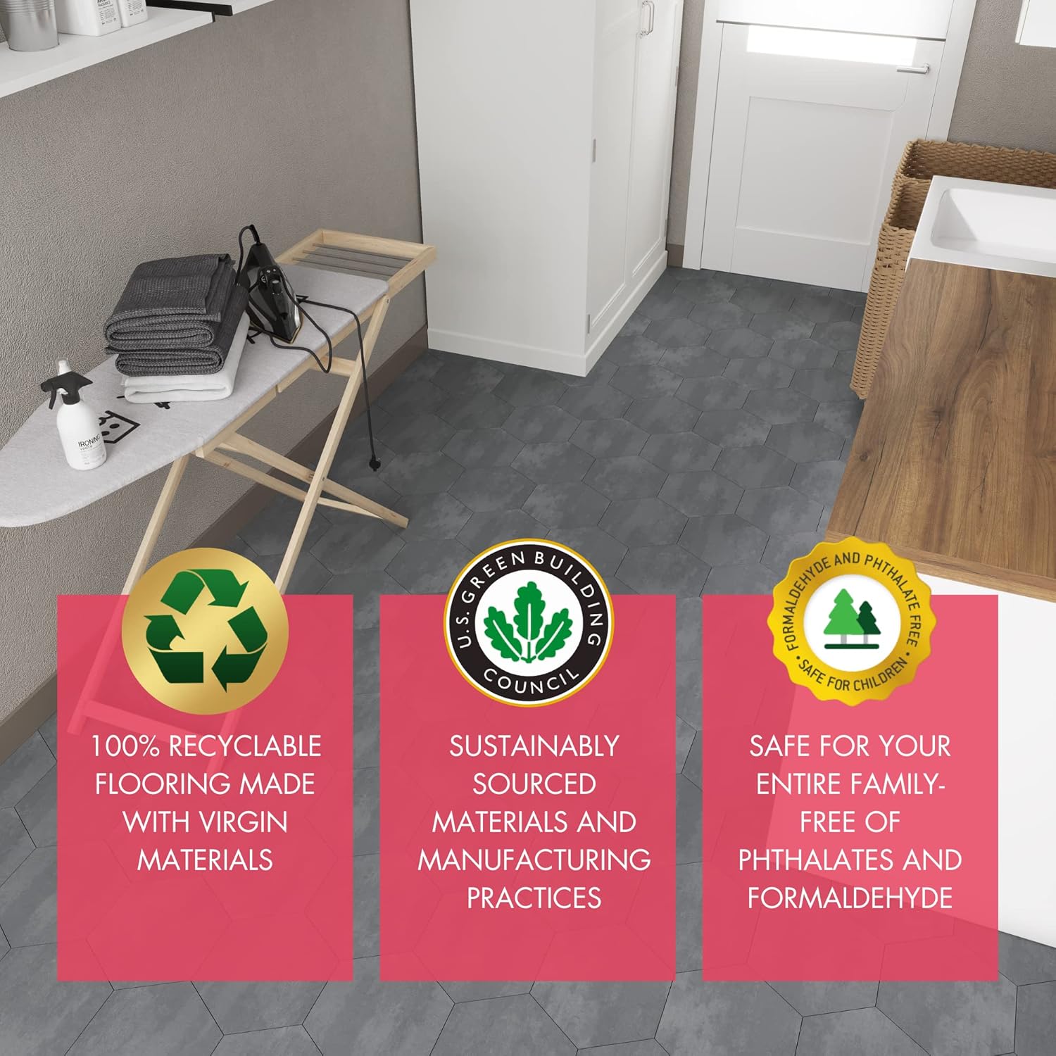 BaseCore HEX – Suelo hexagonal de vinilo gris, 5.75 pulgadas, autoadhesivo, texturizado, moderno, azulejos para despegar y pegar  Azulejo de muestra