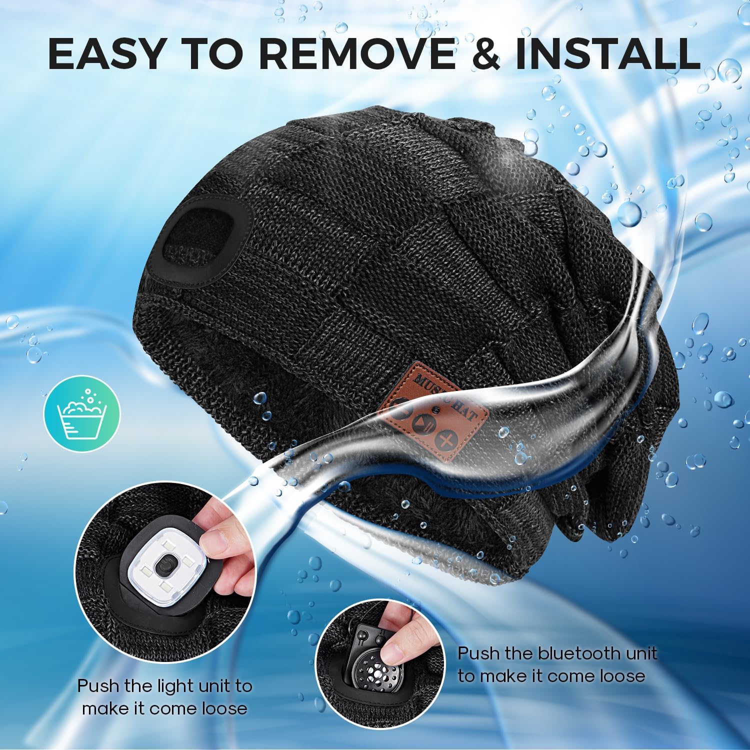 EGOUTI Bluetooth Beanie with Light for Men, Beanie with Light LED, Headlamp Cap Wireless Headphones Gifts for Men Dad Teen