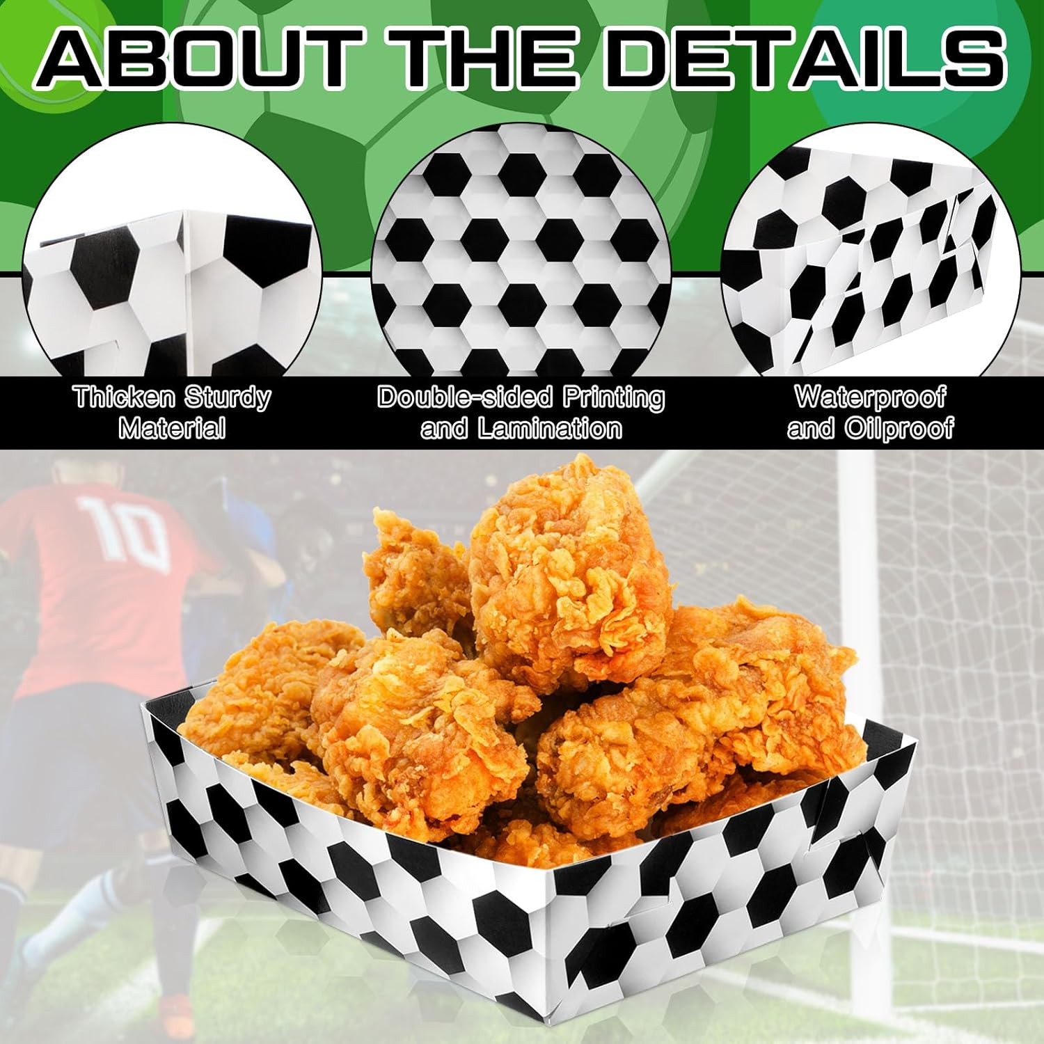 Paquete de 36 bandejas deportivas para fiestas de 5 libras, bandejas de comida de fútbol para nachos, botes de papel grandes, bandeja desechable