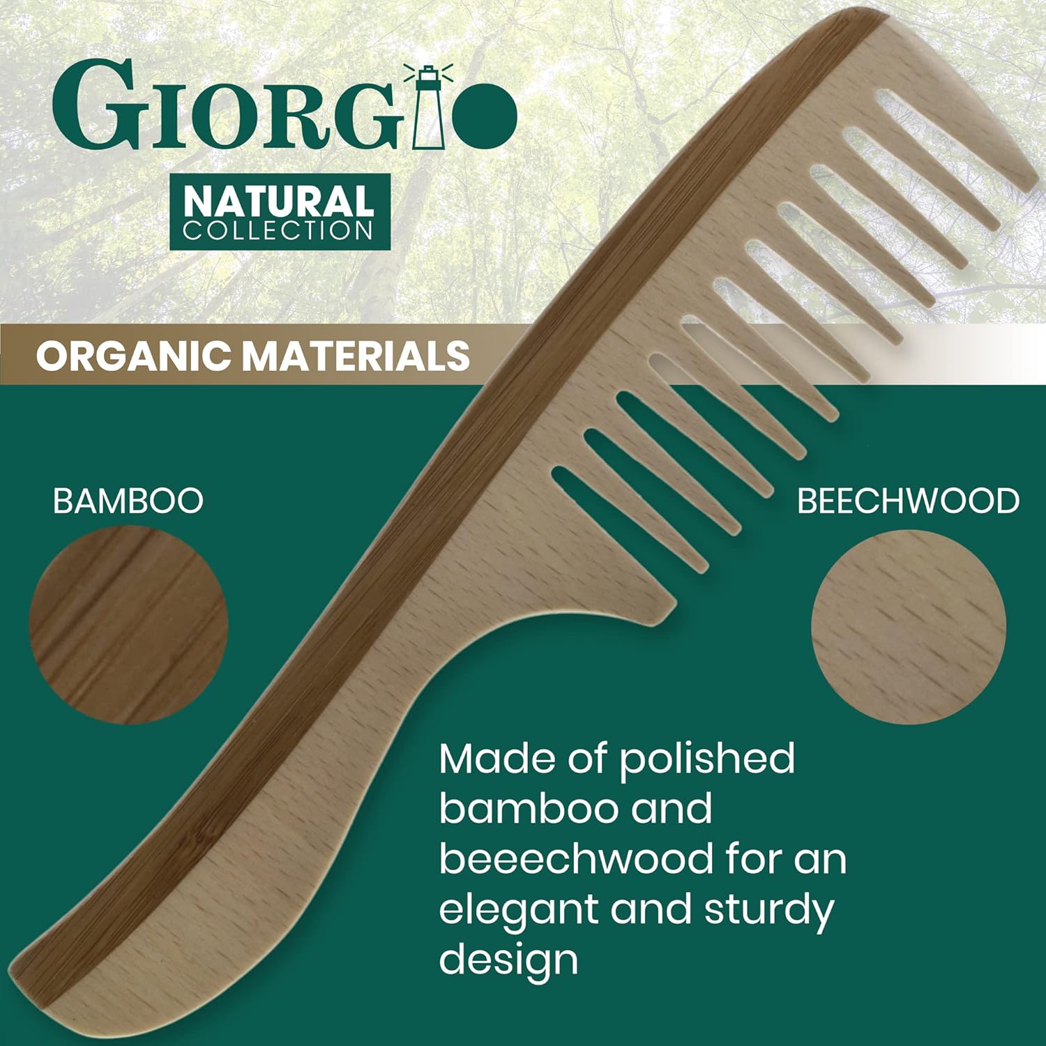 Giorgio GIONAT5 Peine desenredante de madera natural con mango cómodo, peine de dientes anchos para cabello rizado, peines de bambú y madera de haya
