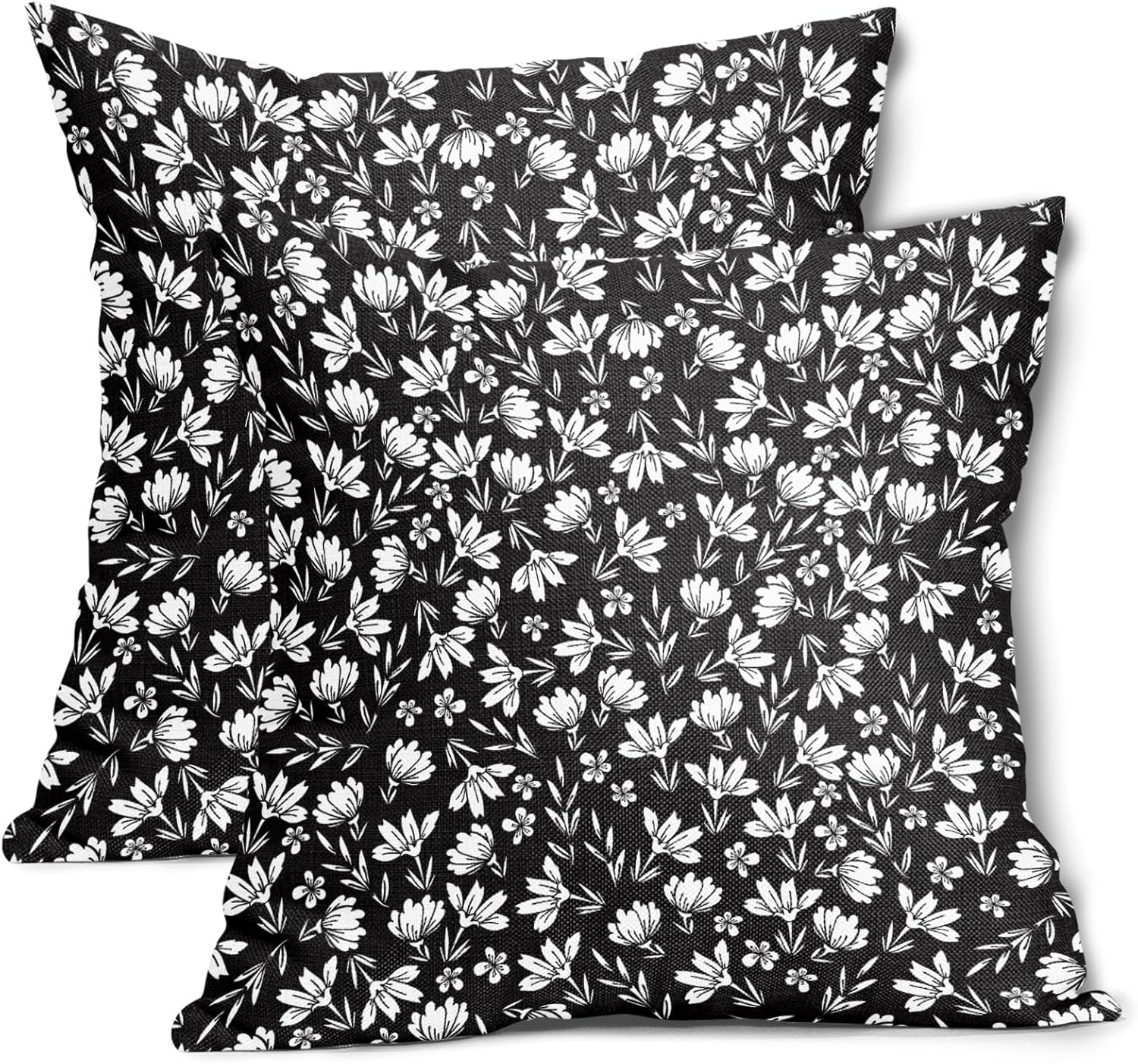 Juego de 2 fundas de almohada florales en blanco y negro de 20 x 20 pulgadas con estampado de bloques de flores vintage, margaritas de algodón y