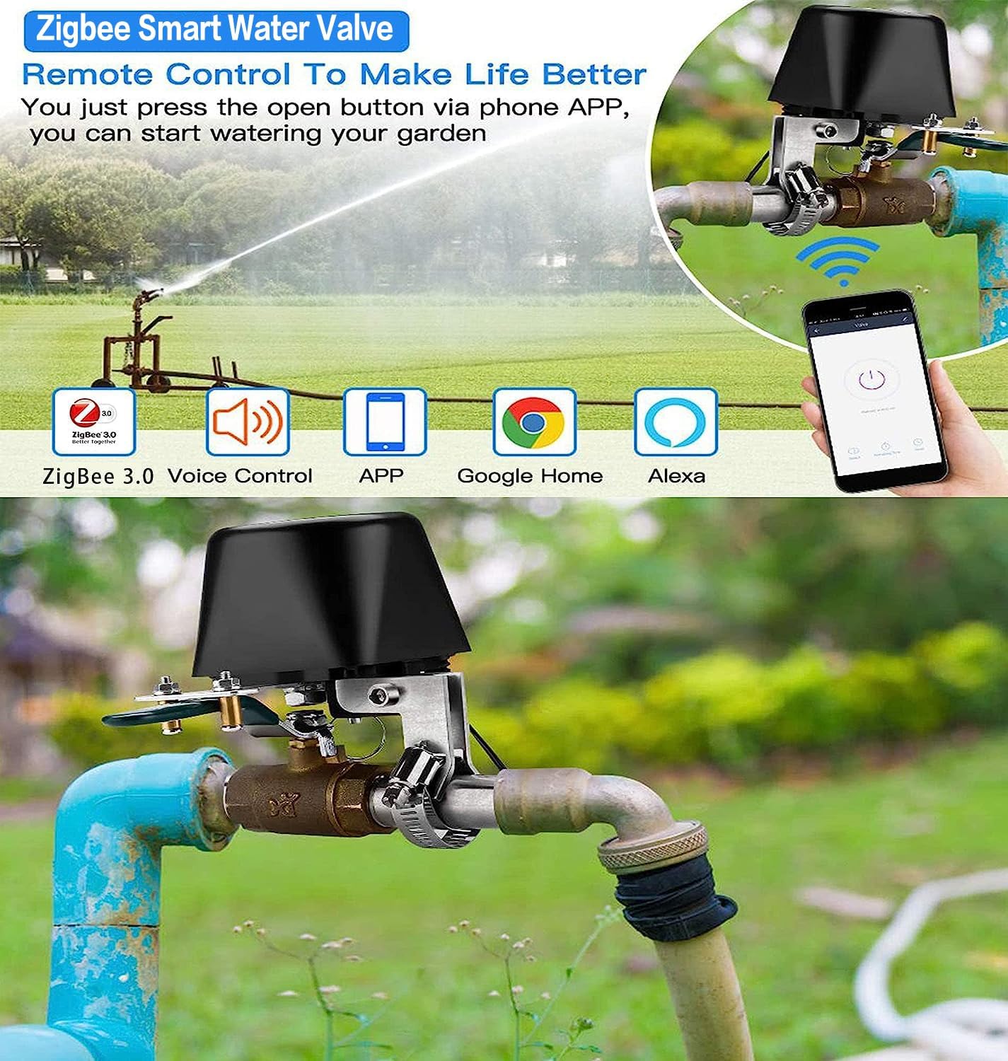 Válvula de agua Zigbee, válvula de agua inteligente, versión mejorada de cierre inteligente de válvula de agua, temporizador de riego automático de