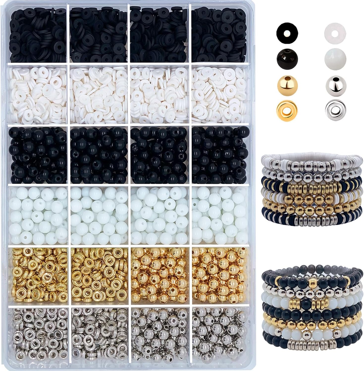 2420 cuentas de arcilla para fabricación de joyas de 0.236 pulgadas (0.236 in), color blanco y negro, oro y plata, cuentas Heishi espaciadoras para