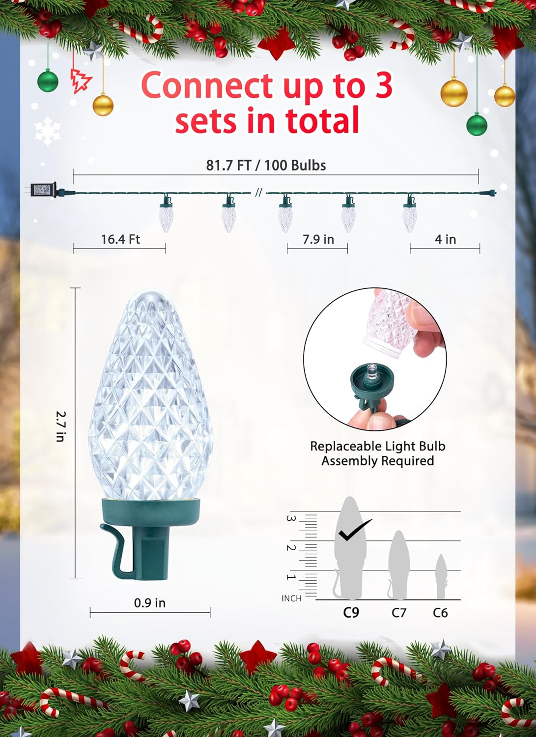 Luces LED C9 de Navidad para exteriores, 81 pies, 100 luces LED con temporizador y 8 modos de iluminación, impermeable, grado comercial, extensible,