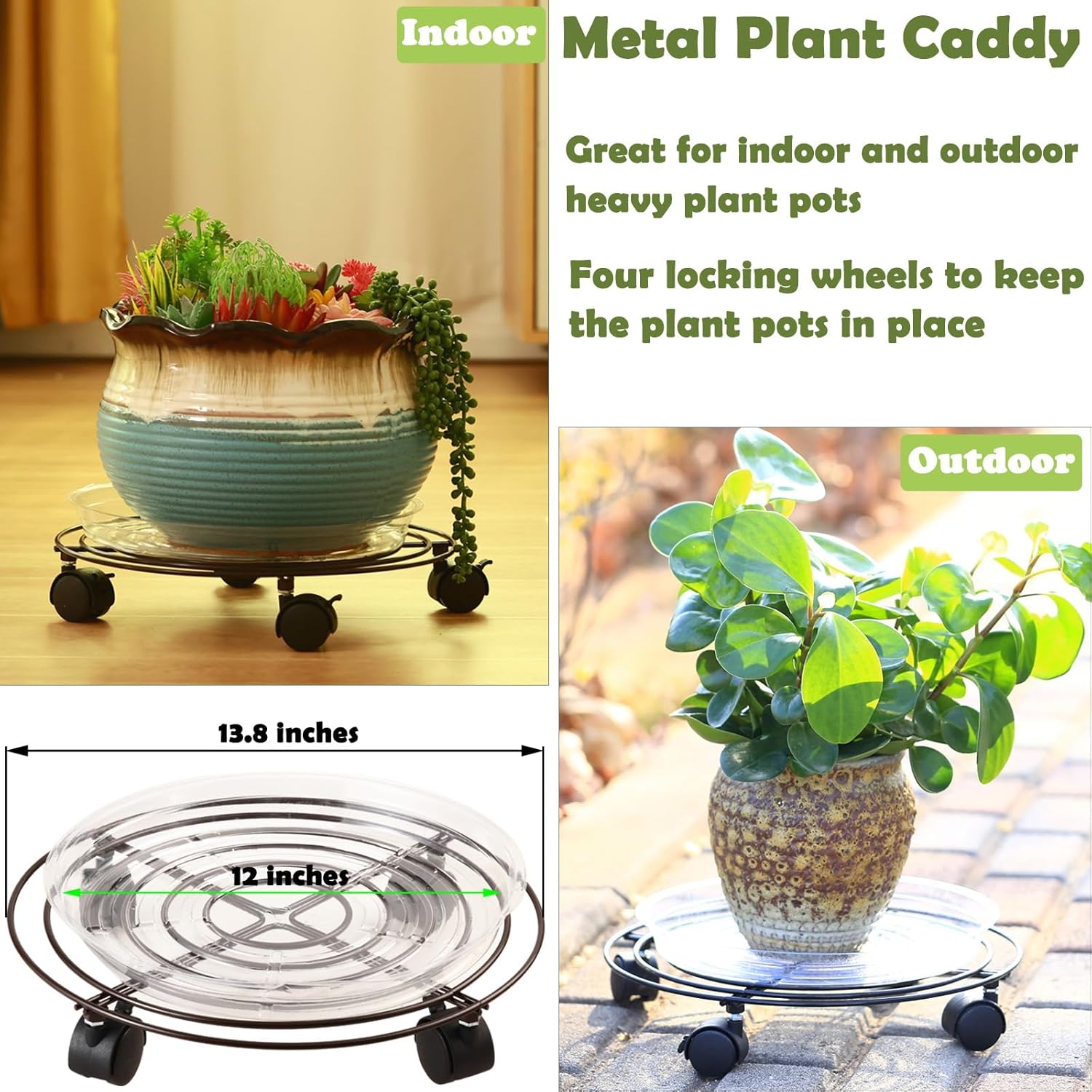 Paquete de 5 soportes grandes de metal para plantas de 13.8 pulgadas con ruedas de hierro forjado de alta resistencia con ruedas para interiores y