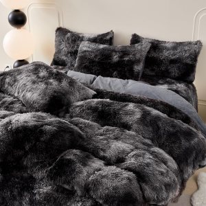 SUCSES Juego de funda de edredón de felpa lanudo tamaño Queen, 3 piezas, color gris oscuro, pelo sintético, esponjoso, teñido anudado, juego de SUCSES Juego de funda de edredón de felpa lanudo tamaño Queen, 3 piezas, color gris oscuro, pelo sintético, esponjoso, teñido anudado, juego de