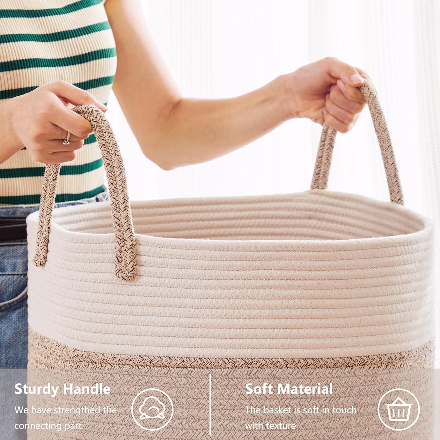 Cesta tejida para ropa sucia, cesta de cuerda alta de 60 litros para manta, cesta de ropa para dormitorio, cuarto de bebé, cesta de lavandería para