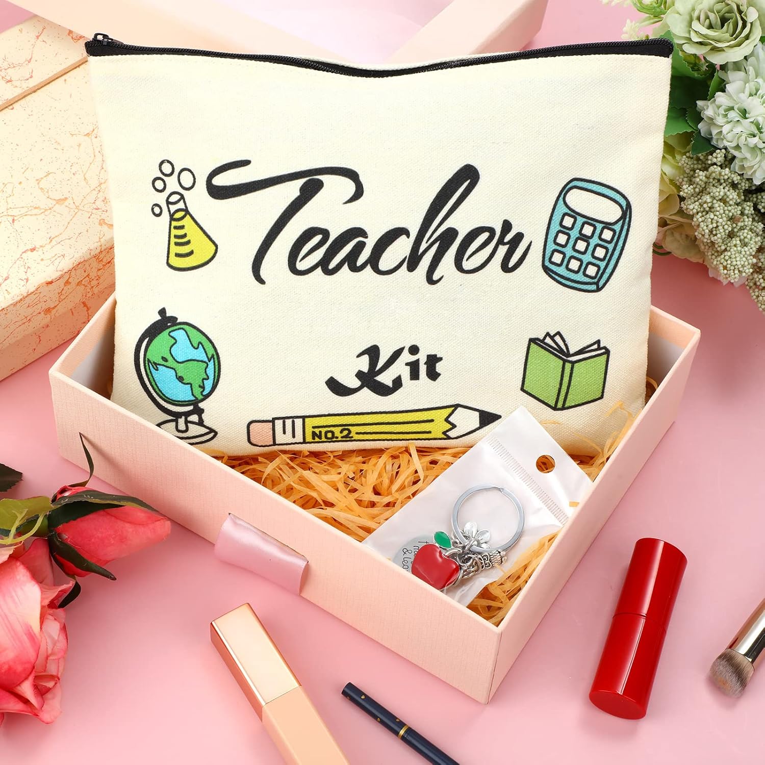 Sureio 6 bolsas de maquillaje cosmético para profesores y 6 llaveros de agradecimiento al profesor, regalos del día de San Valentín para profesores,