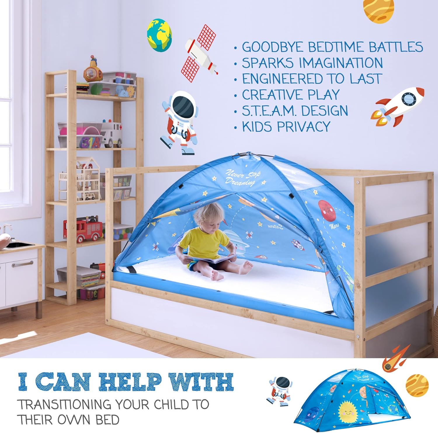 Tienda de campaña para niños, tienda de campaña de cama de tamaño individual para niñas, tienda de campaña de cama individual con sistema solar para