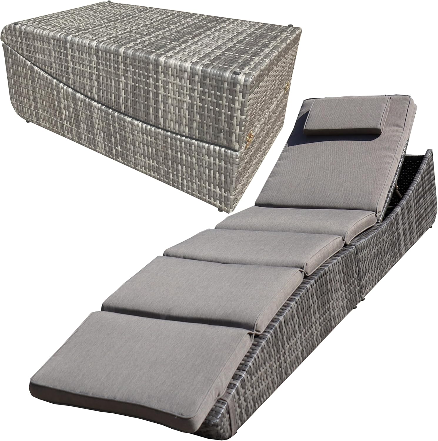 BTEXPERT Tumbona plegable al aire libre para piscina, tumbona plegable de mimbre para el sol, sofá de patio, tumbona reclinable, respaldo acolchado