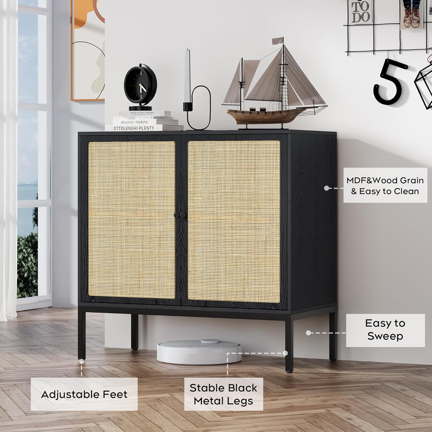 Brafab Juego de 2 gabinetes de ratán para bufé, aparador con puertas decoradas de ratán natural, gabinete de acento, para sala de estar, entrada,