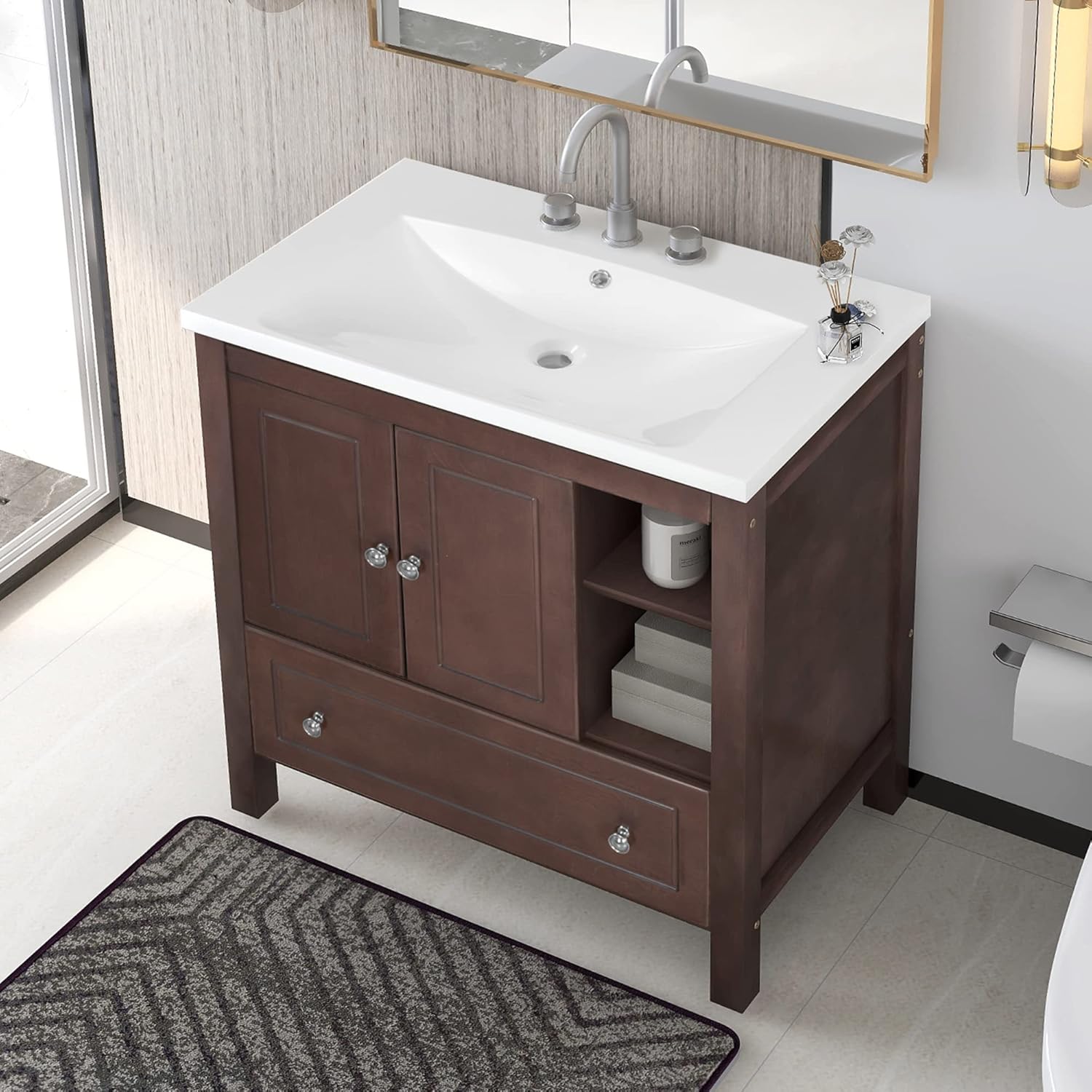 P PURLOVE Mueble de baño de 30 pulgadas con fregadero, armario de almacenamiento de baño con puertas y cajones, moderno juego de lavabo de madera