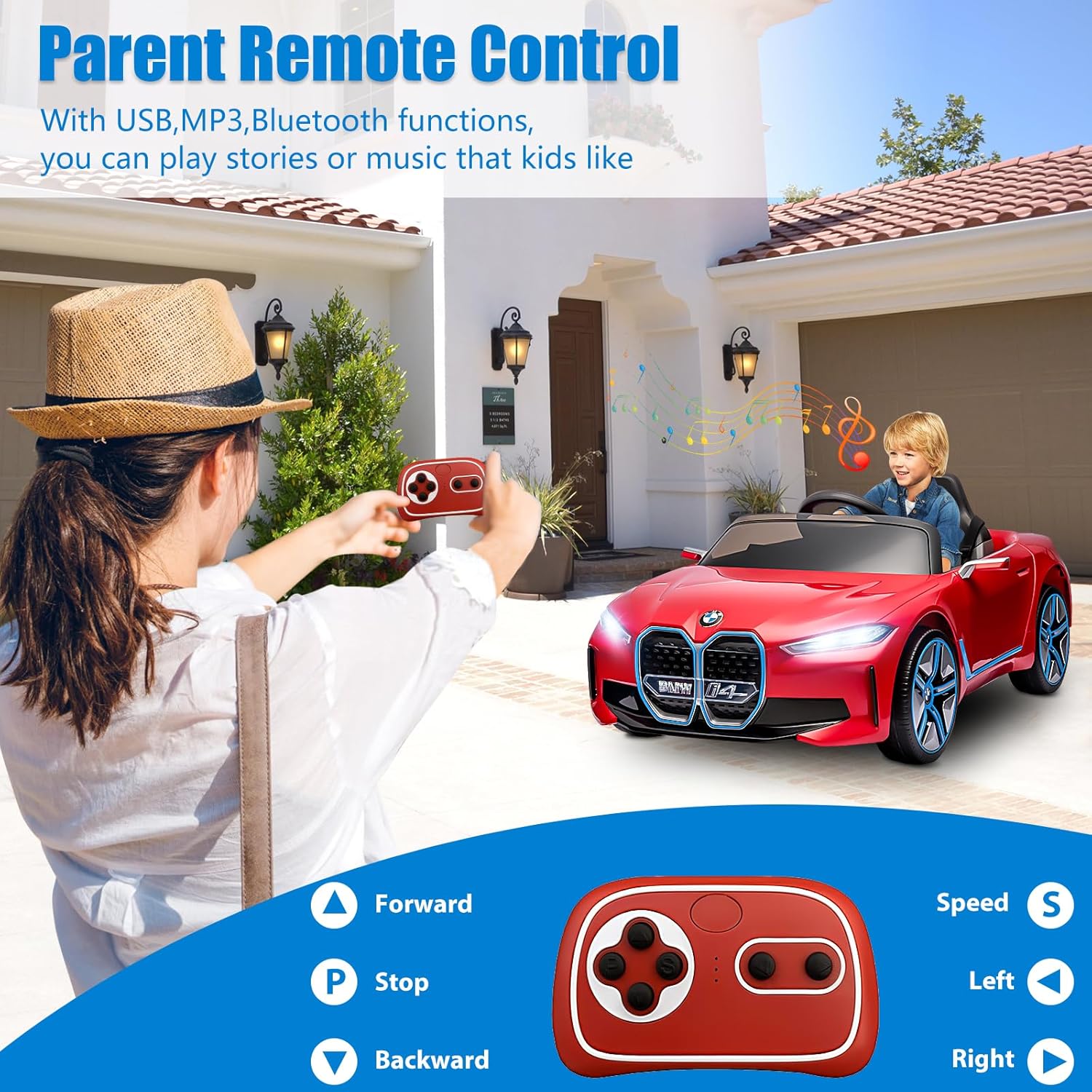 SEGMART Auto eléctrico I4 de 12 V con licencia para niños con control remoto, vehículos eléctricos de 3 velocidades con sistema de suspensión, luz