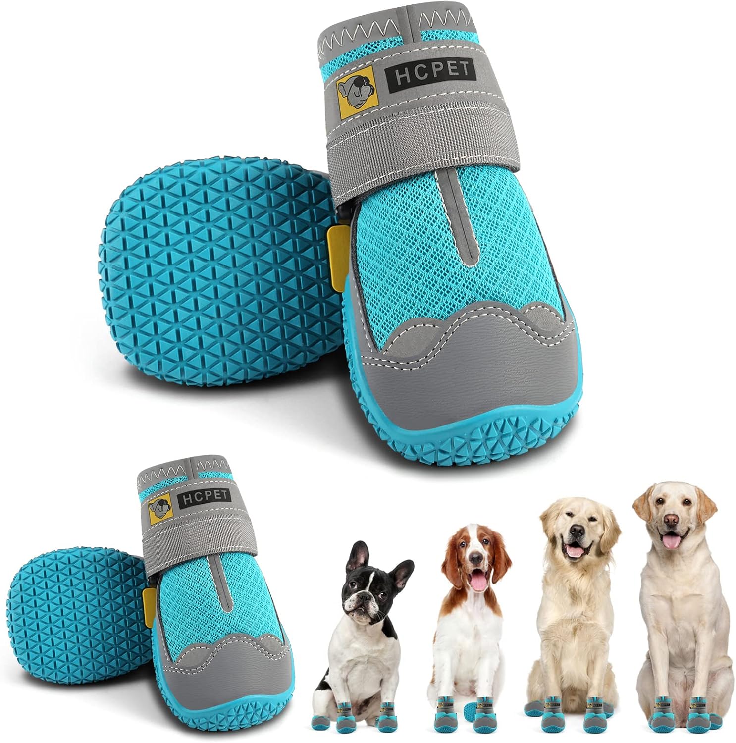 Hcpet – Botas de perro para mascotas, impermeables, transpirables, antideslizantes, 3M, con correa reflectante de tamaño pequeño a grande, 4 unidades