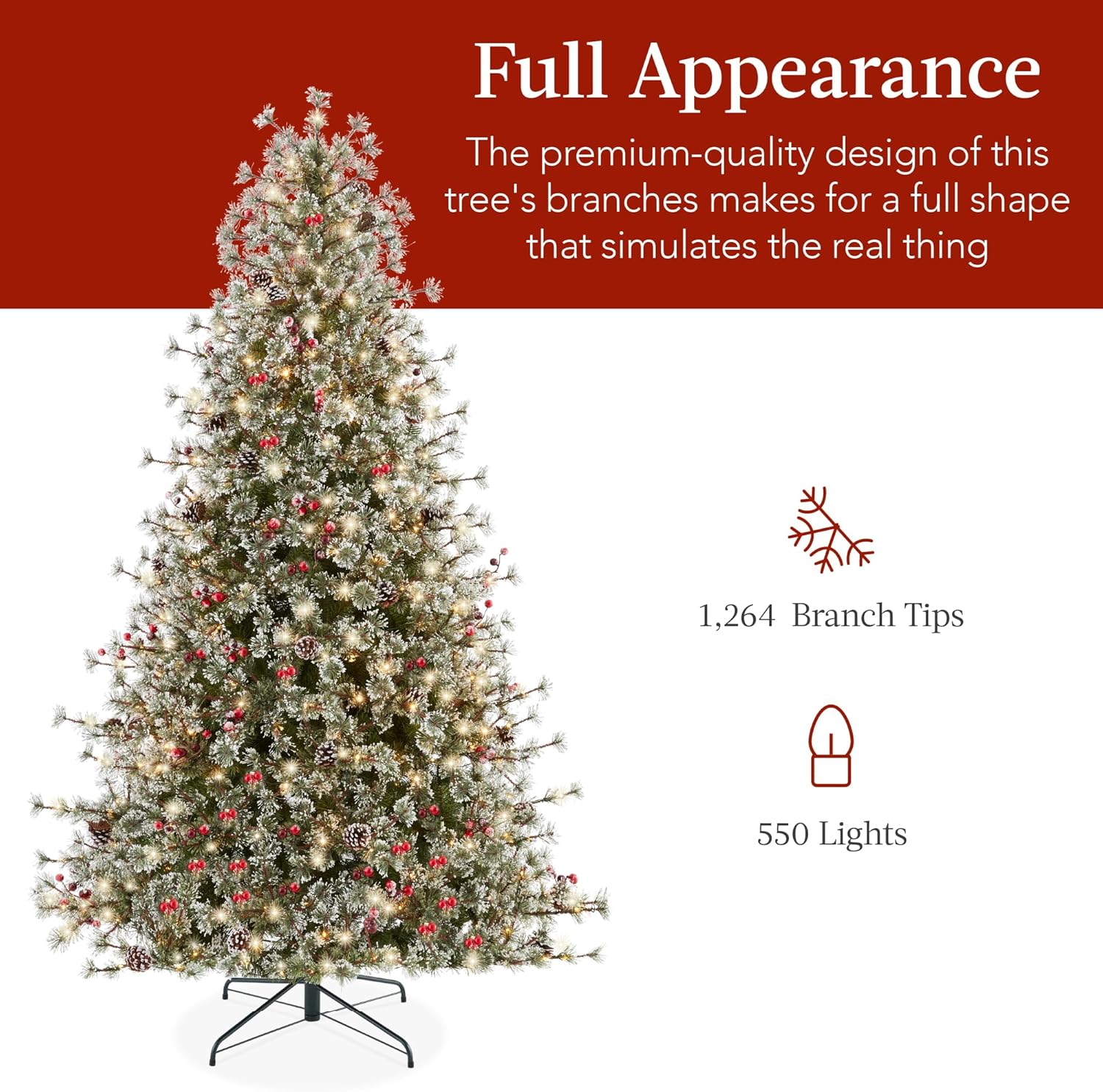 Best Choice Products Árbol de Navidad de pino de cachemira preiluminado de 7.5 pies, decoración navideña artificial semiflocada de alta calidad con