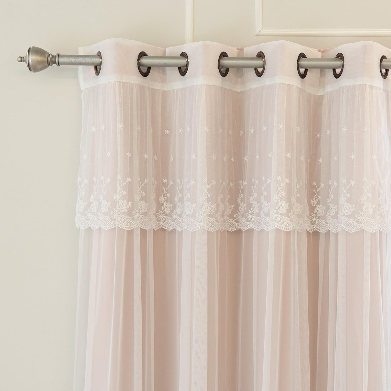 Best Home Encaje de tul fashion con cortinas transparentes adheridas, top de acero inoxidable arandela niquelada