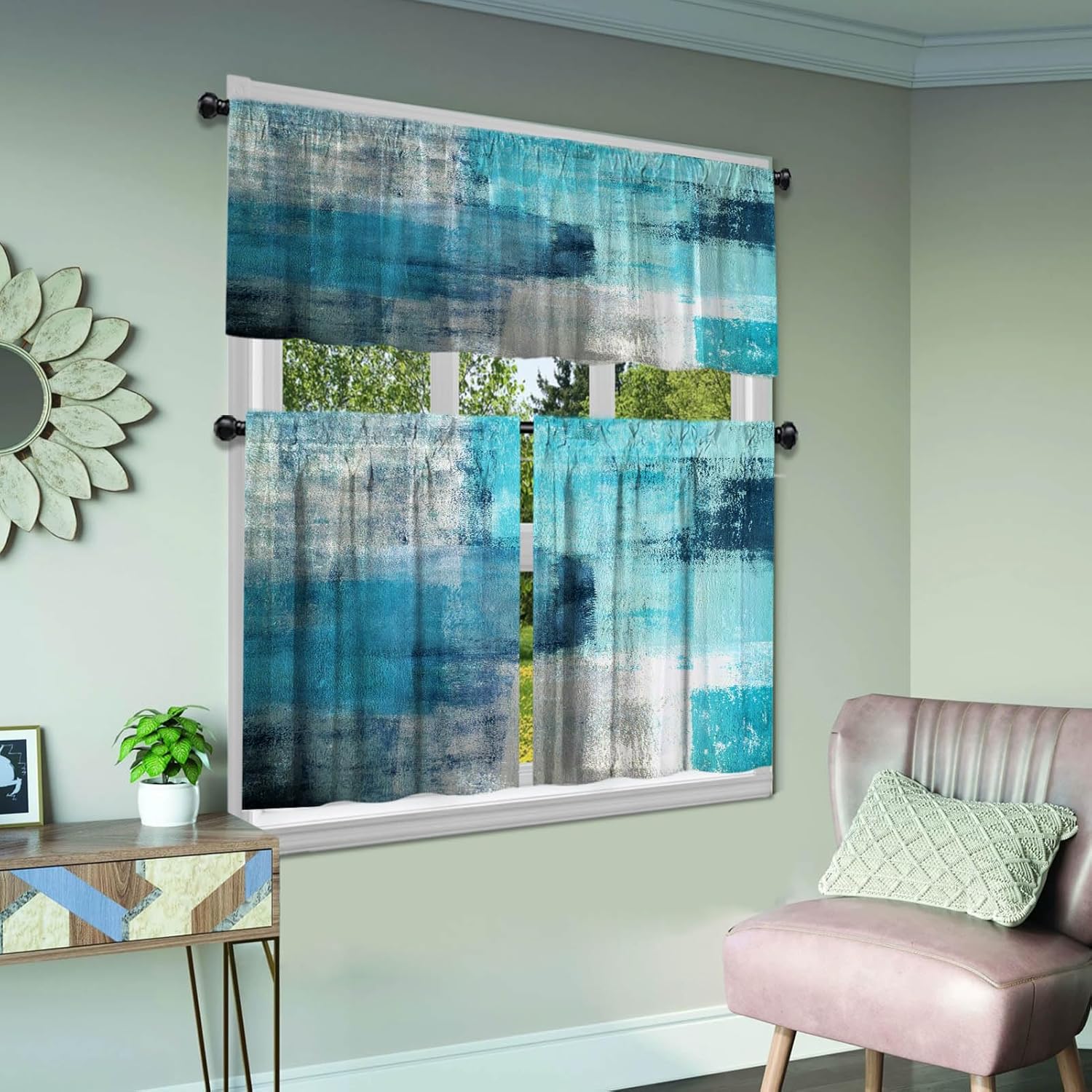 Juego de cortinas y cenefas de cocina color turquesa, juego de cortinas de ventana de cocina verde azulado, pintura al óleo de arte abstracto,