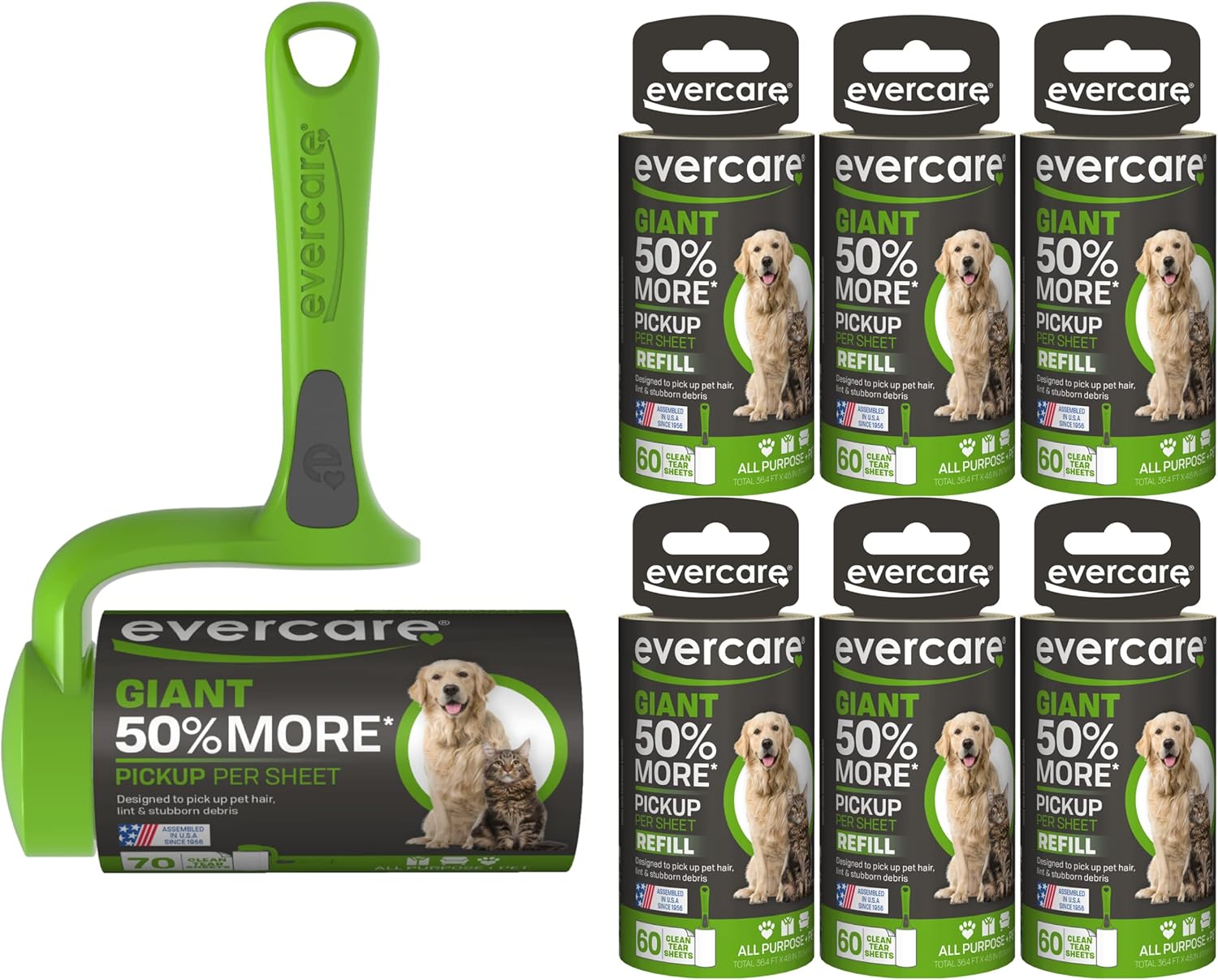 Evercare Paquete de mascotas rodillo de mano gigante para mascotas T y repuestos de rodillos gigantes para mascotas – Paquete de 6