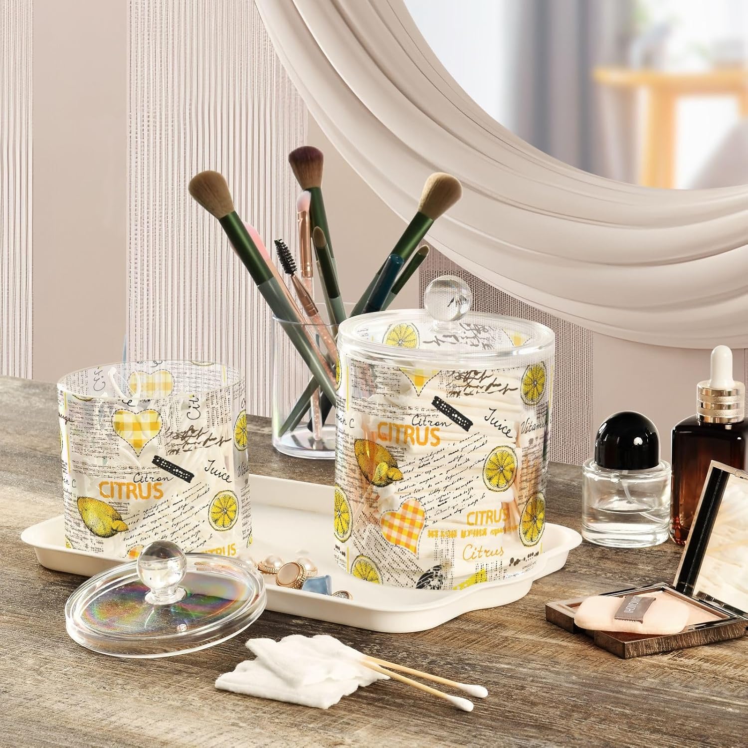 Tarros de limones con tapas, tarros decorativos de baño, recipientes para lavandería, contenedor redondo de algodón para dormitorio, artículos